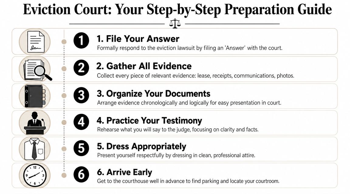 A six-step guide for preparing for an eviction court appearance, including filing answers and gathering evidence.