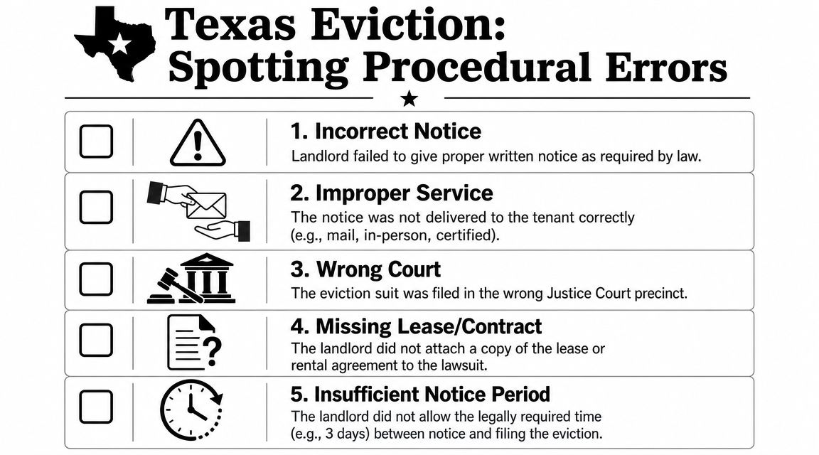 A checklist infographic outlining five common procedural errors in Texas eviction court cases for tenants.