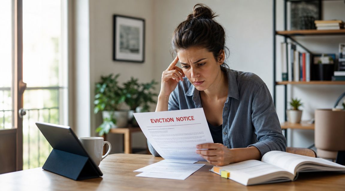 A distressed woman sits at a wooden table looking anxiously at an eviction notice document.