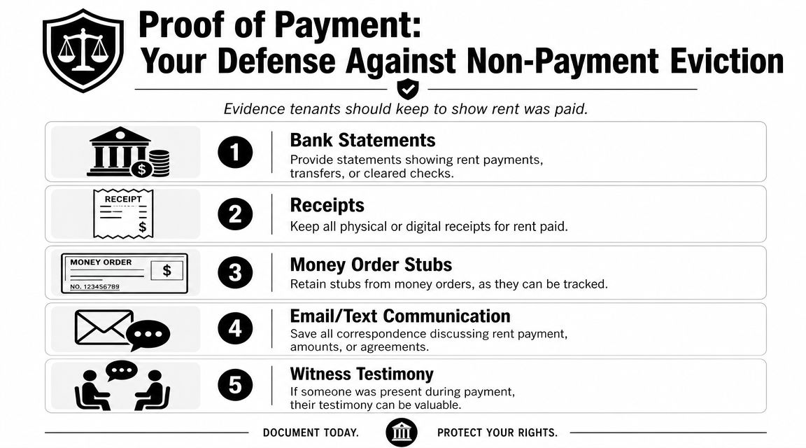 An infographic titled Proof of Payment illustrating five types of evidence for tenants to fight eviction.