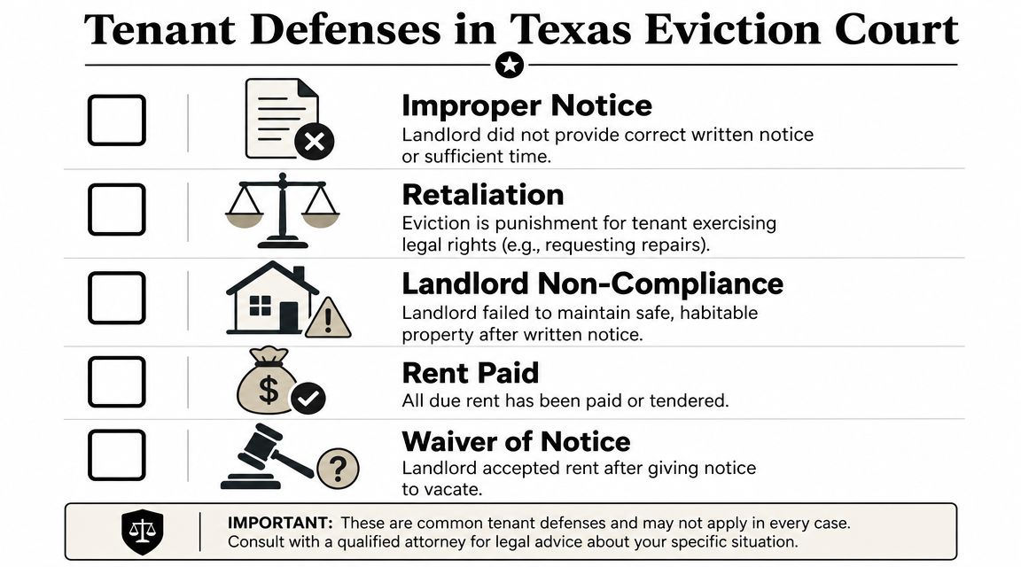 An infographic titled Tenant Defenses in Texas Eviction Court listing common legal reasons to contest an eviction.