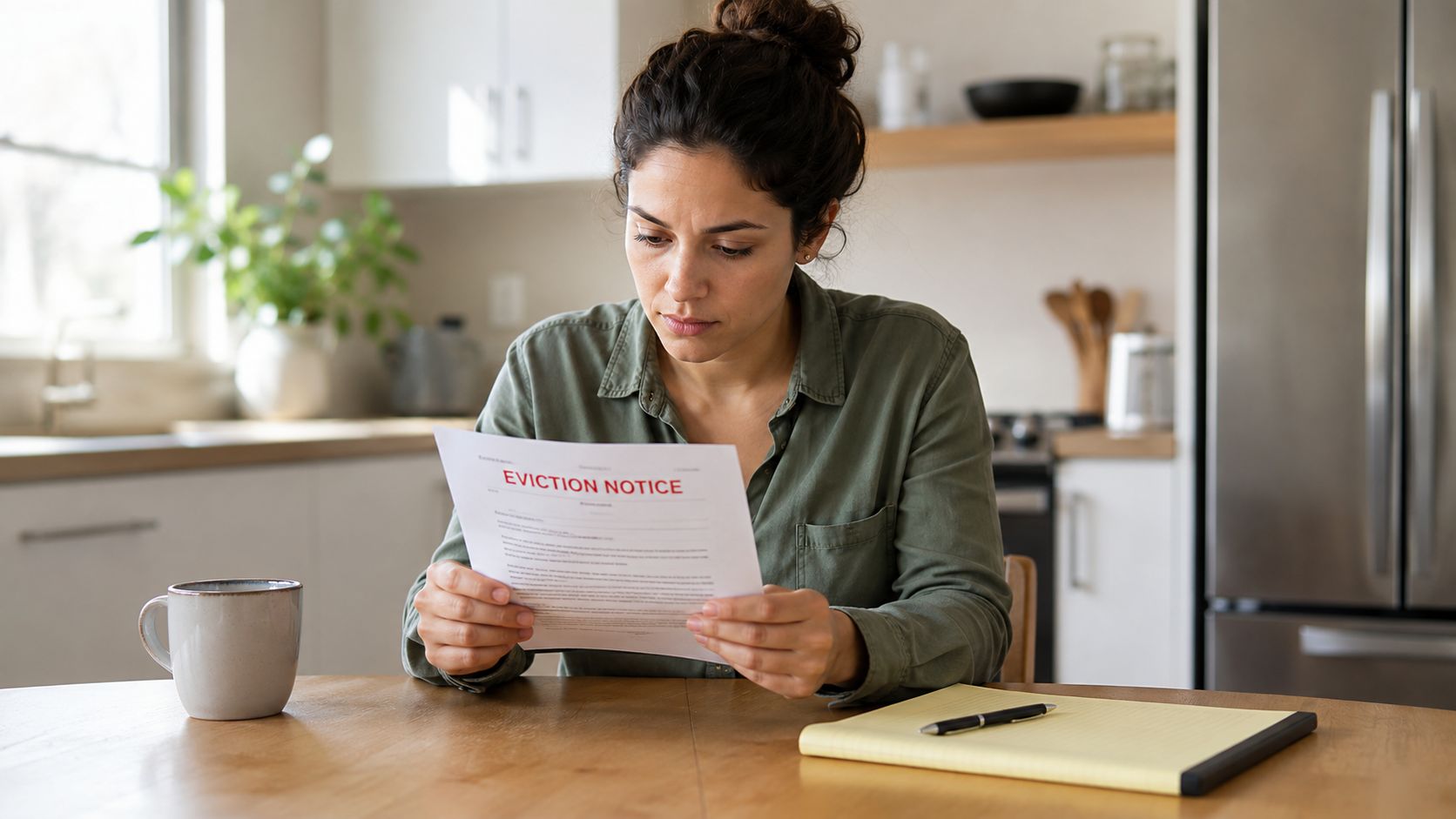 A concerned woman sits at a wooden kitchen table reading an official eviction notice document.
