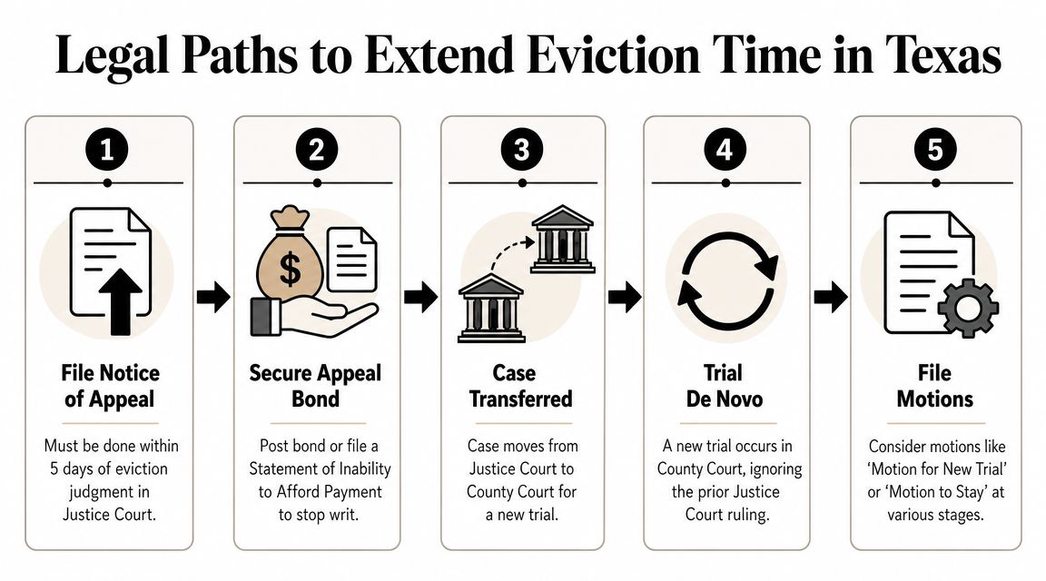 A five-step infographic outlining the legal process for extending an eviction timeline in Texas courts.