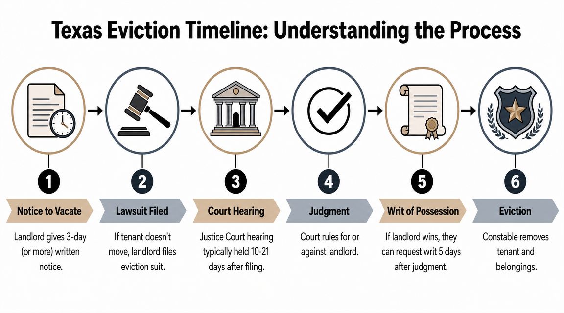 A six-step infographic detailing the Texas eviction process from the initial notice to final removal.