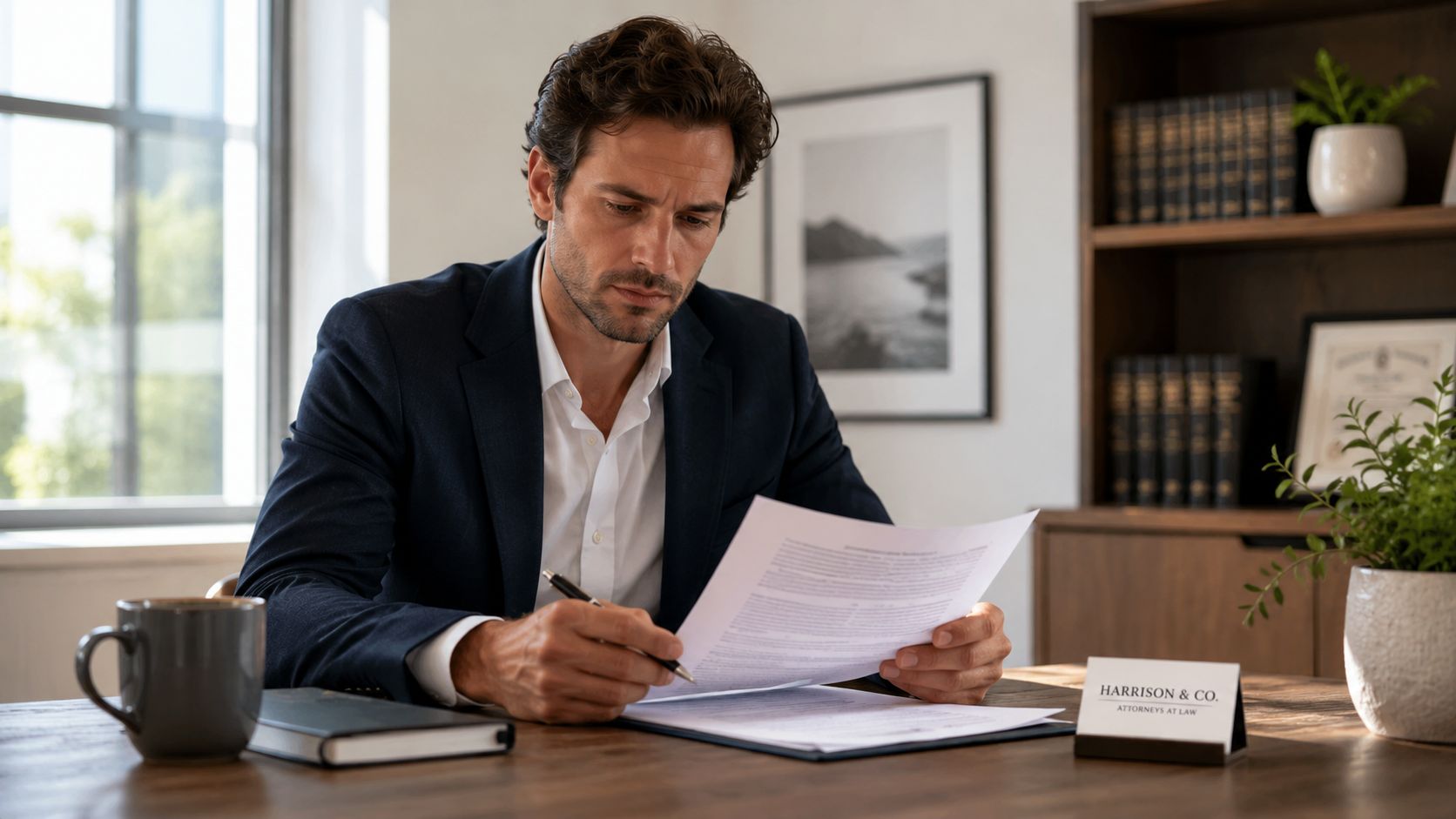 A professional lawyer sitting at his desk reviewing legal documents in a well-lit modern office.