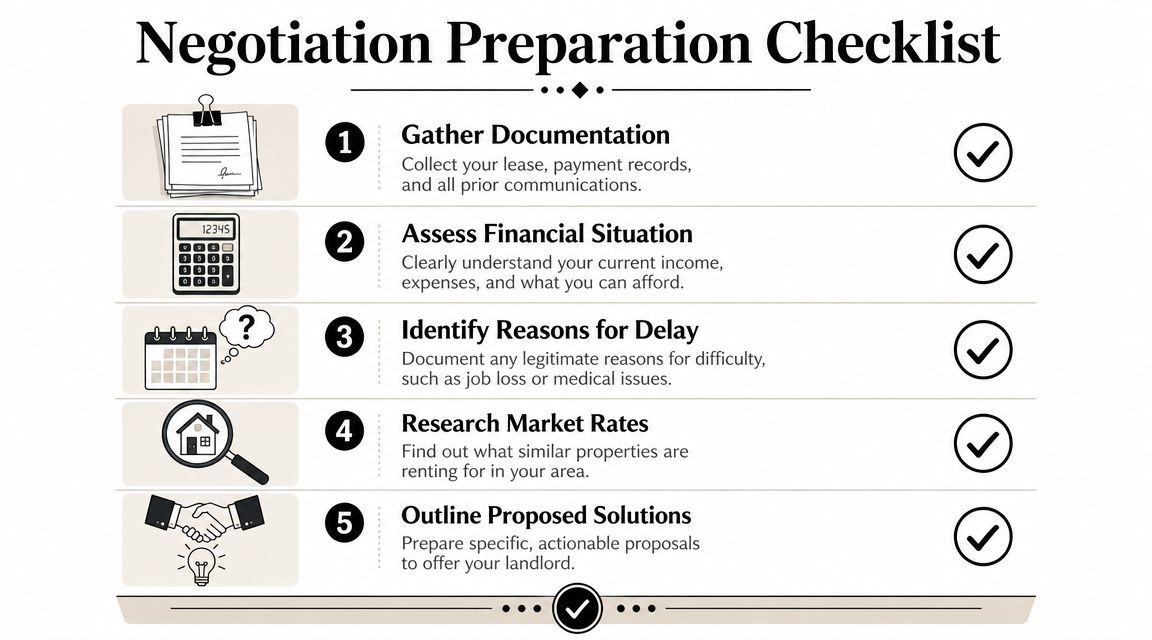A five-step checklist illustrating how to prepare for negotiations with a landlord regarding potential eviction issues.