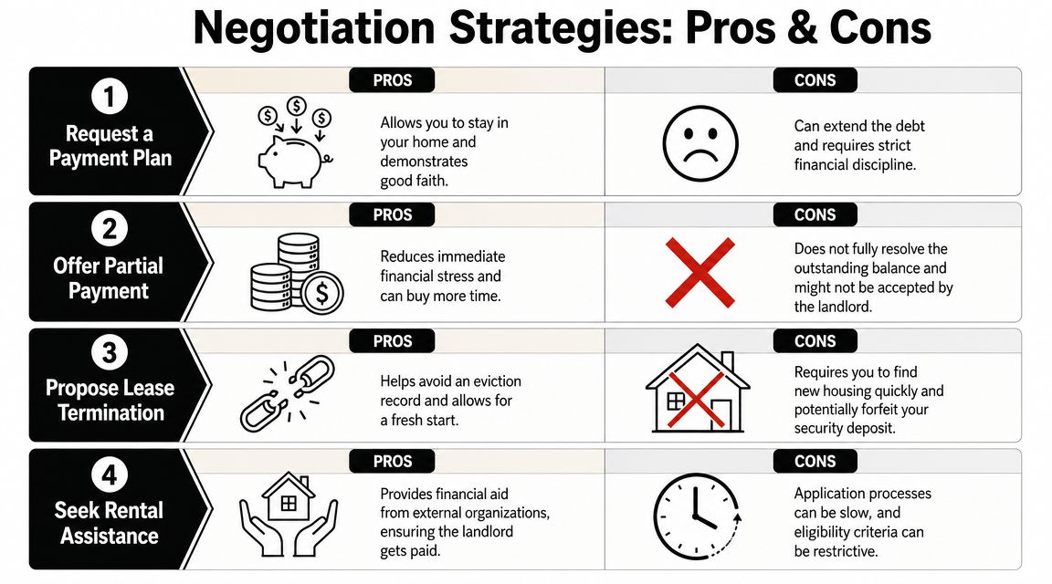 A chart showing four negotiation strategies with a landlord to avoid eviction with their pros and cons.