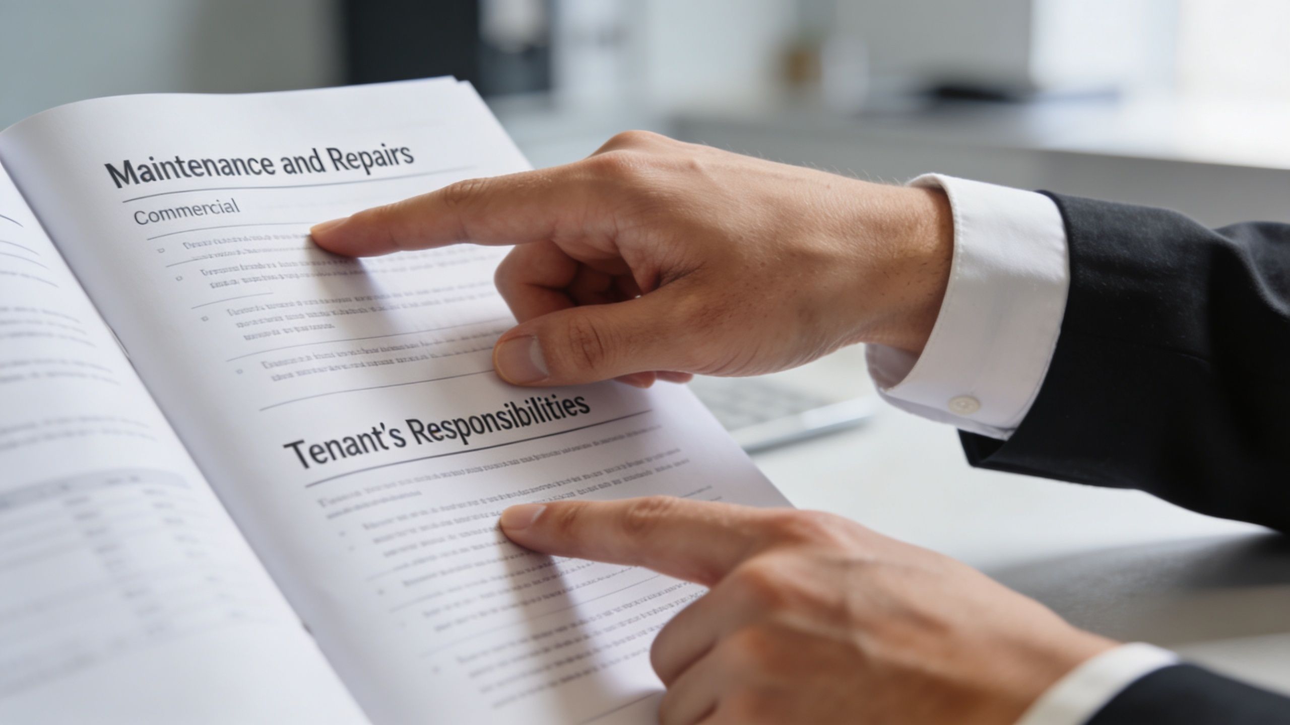 A professional in a suit pointing to specific sections of a commercial lease agreement document.