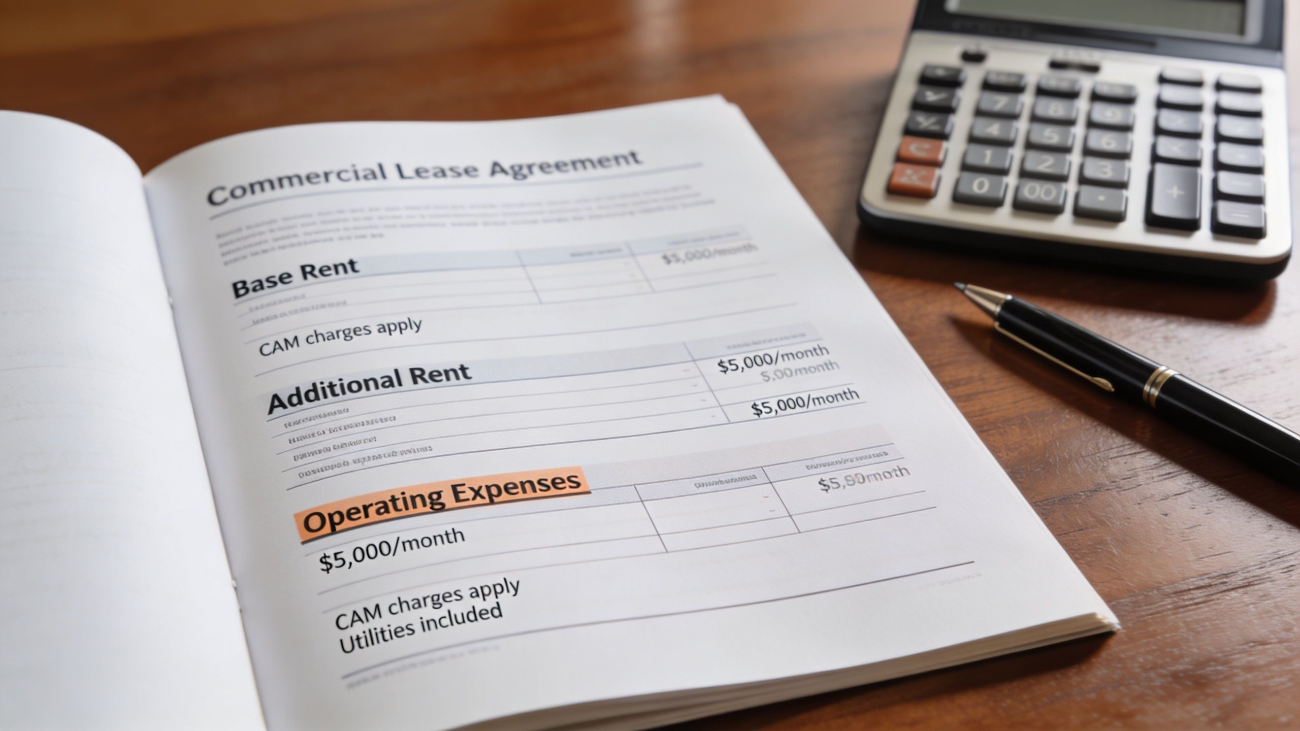 A close-up of a commercial lease agreement on a desk with a calculator and a fountain pen.