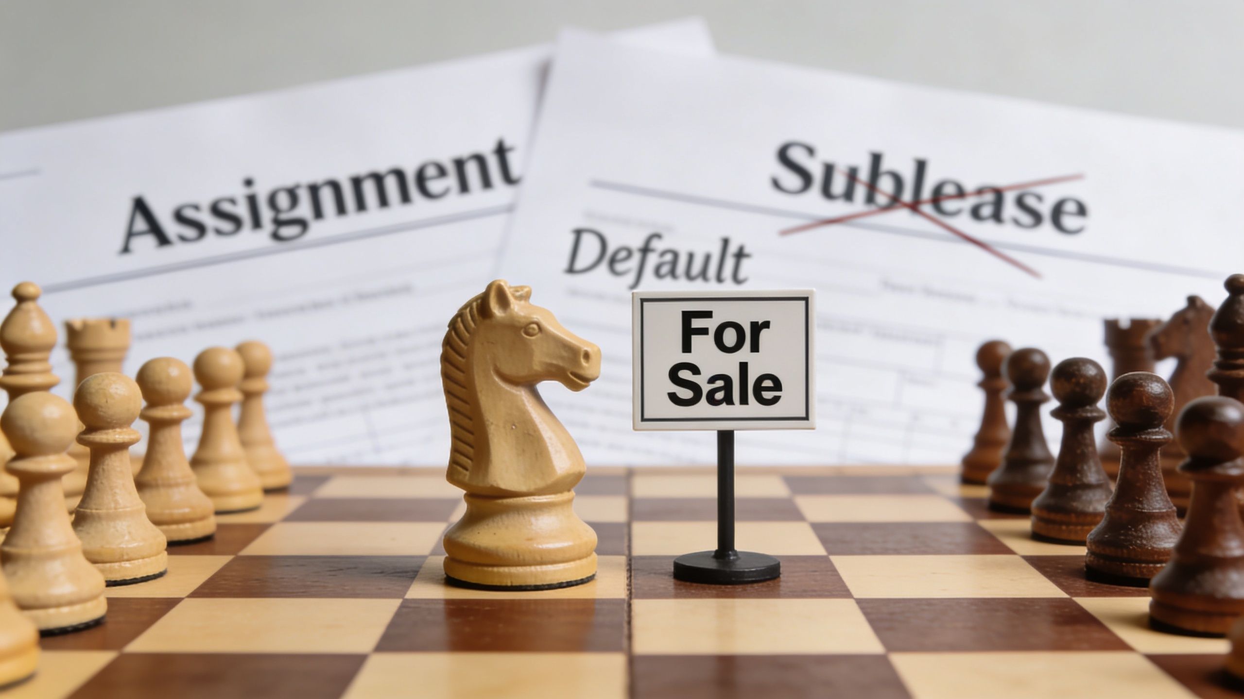 A wooden chess knight and a For Sale sign on a board in front of lease documents.