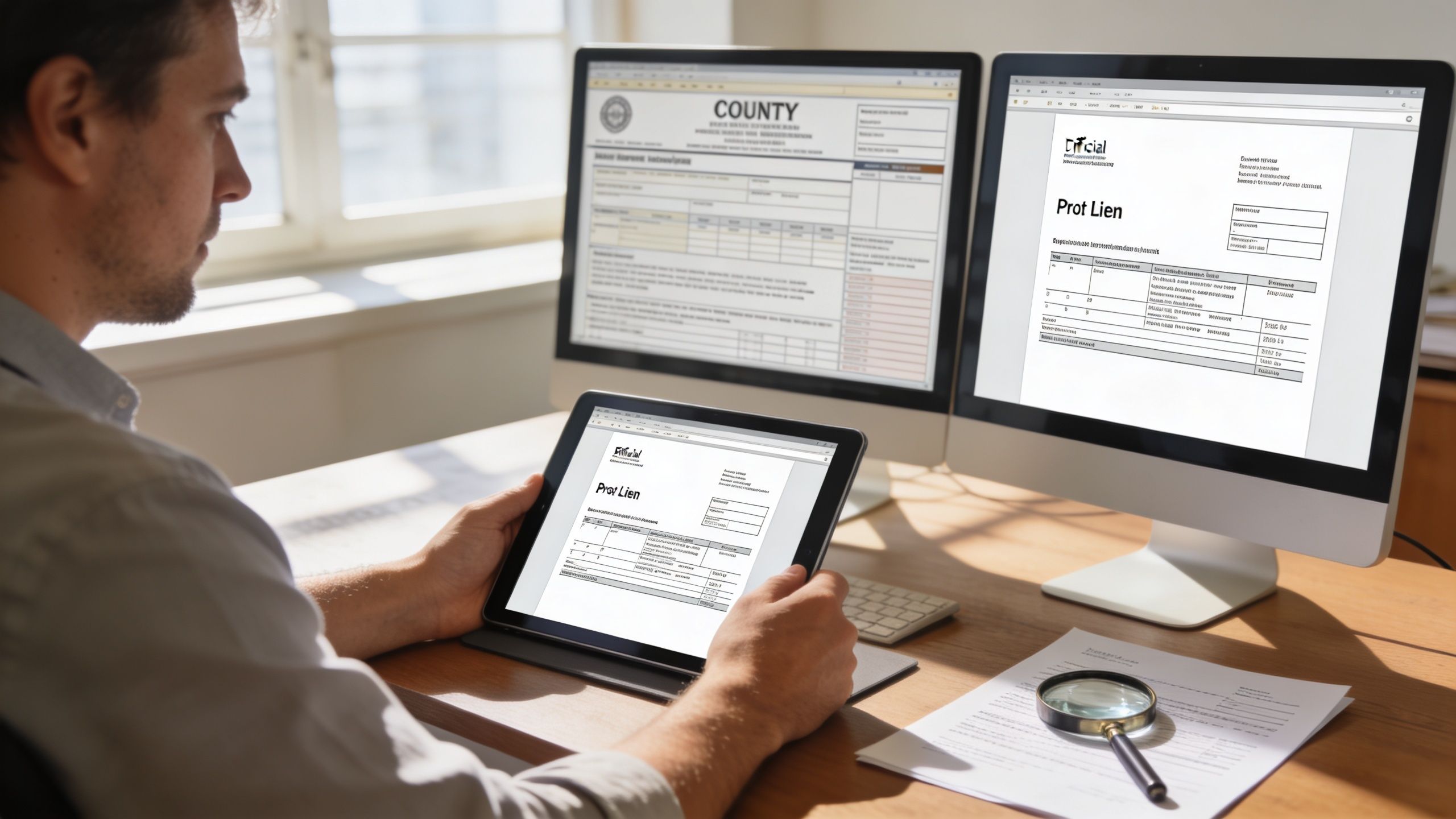 A professional man reviewing property lien documents on his tablet and computer monitors in a bright office.