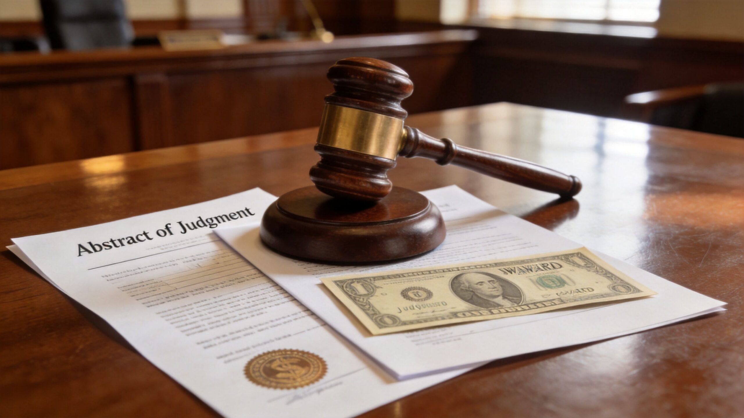 A wooden gavel resting on an Abstract of Judgment legal document with a one-dollar bill nearby.