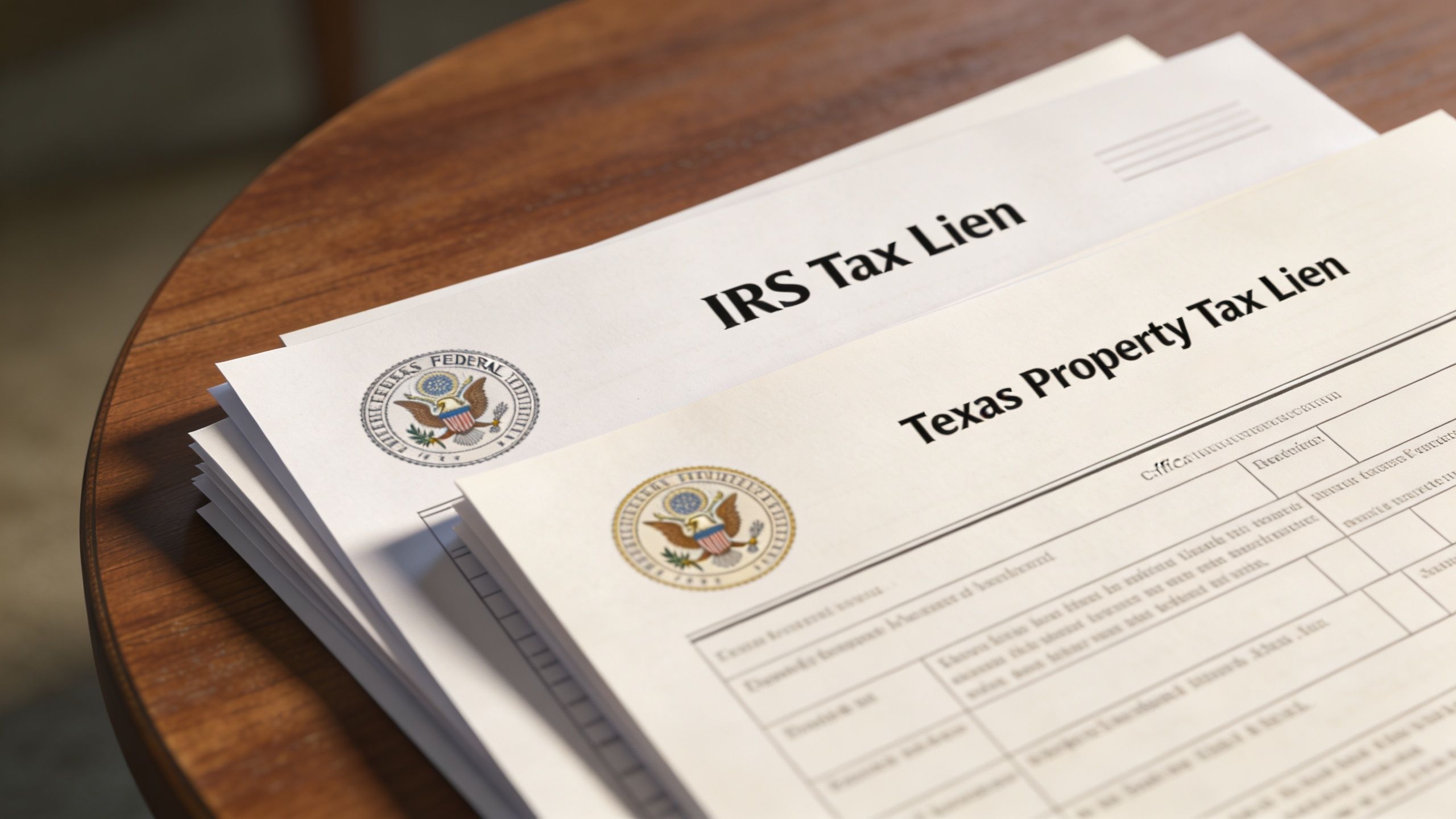 A stack of official legal documents labeled IRS Tax Lien and Texas Property Tax Lien on a table.
