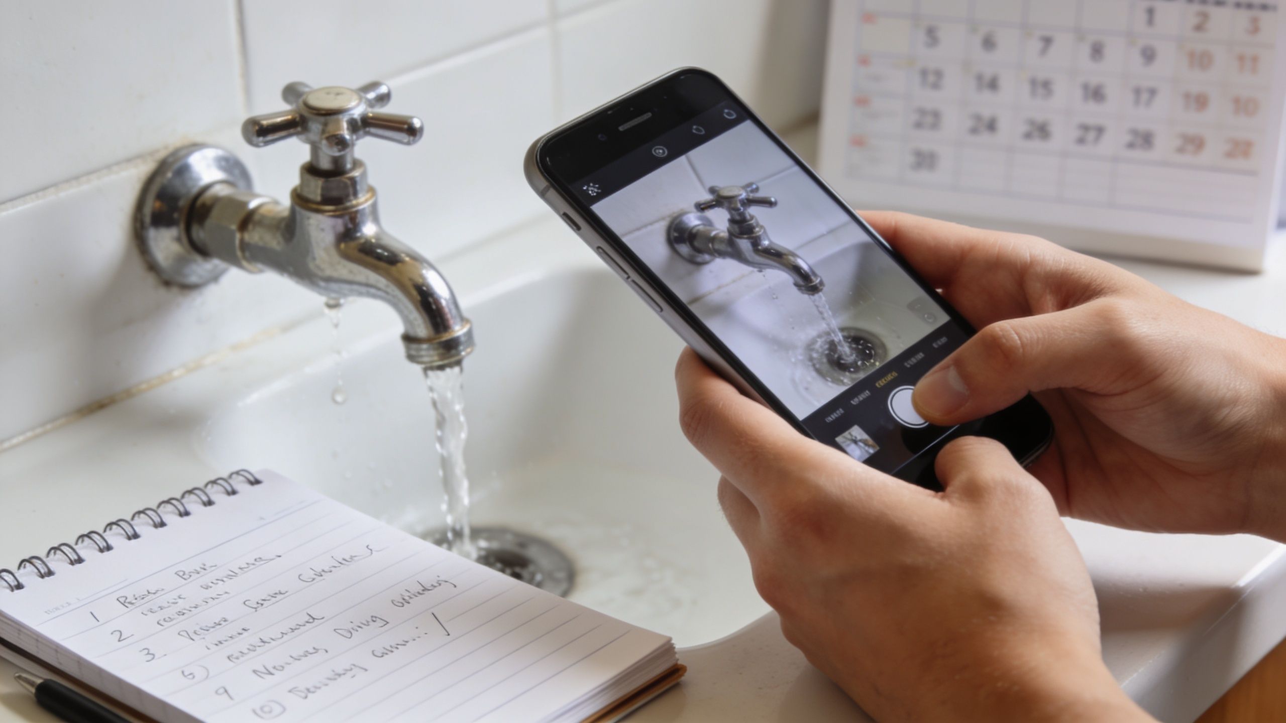 A person takes a photo of a running faucet with a smartphone to document home repairs.