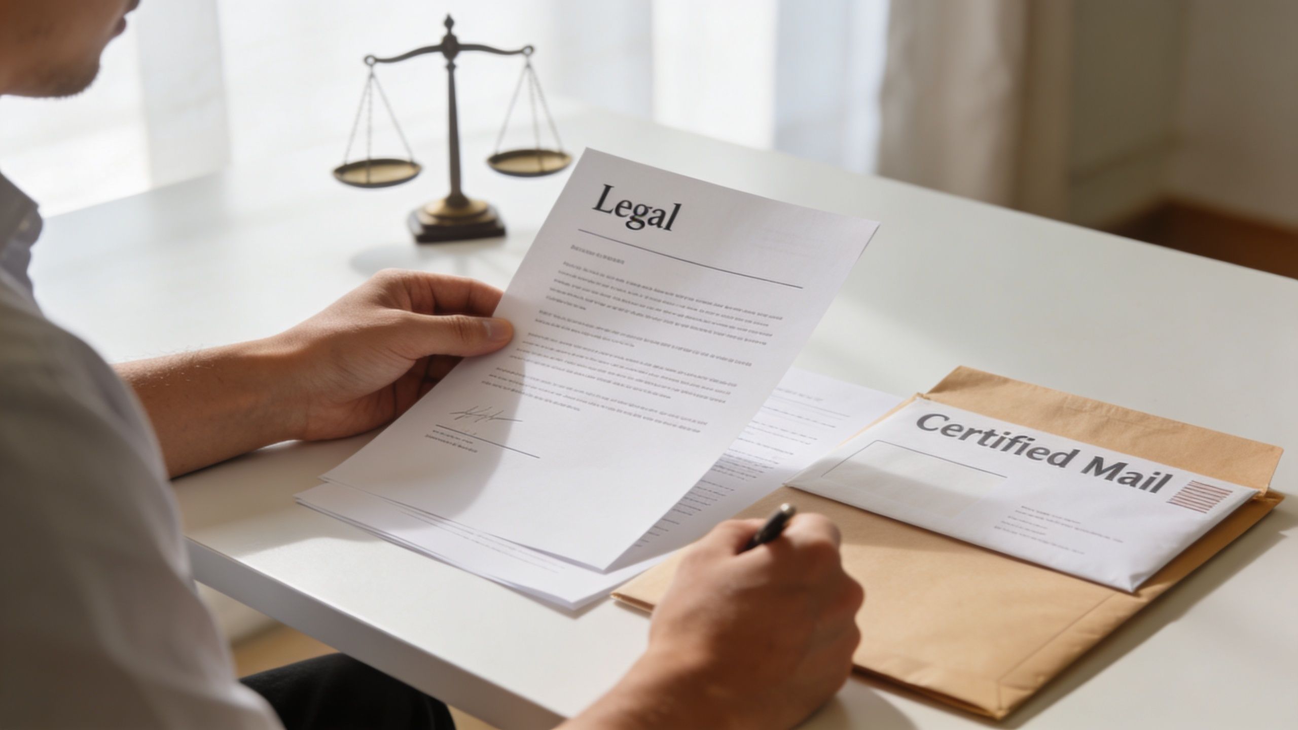 A person reviewing a legal document at a desk with a scale of justice and certified mail.