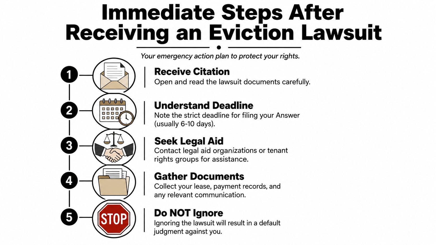 A numbered infographic detailing five essential immediate steps for tenants to take after receiving an eviction lawsuit.