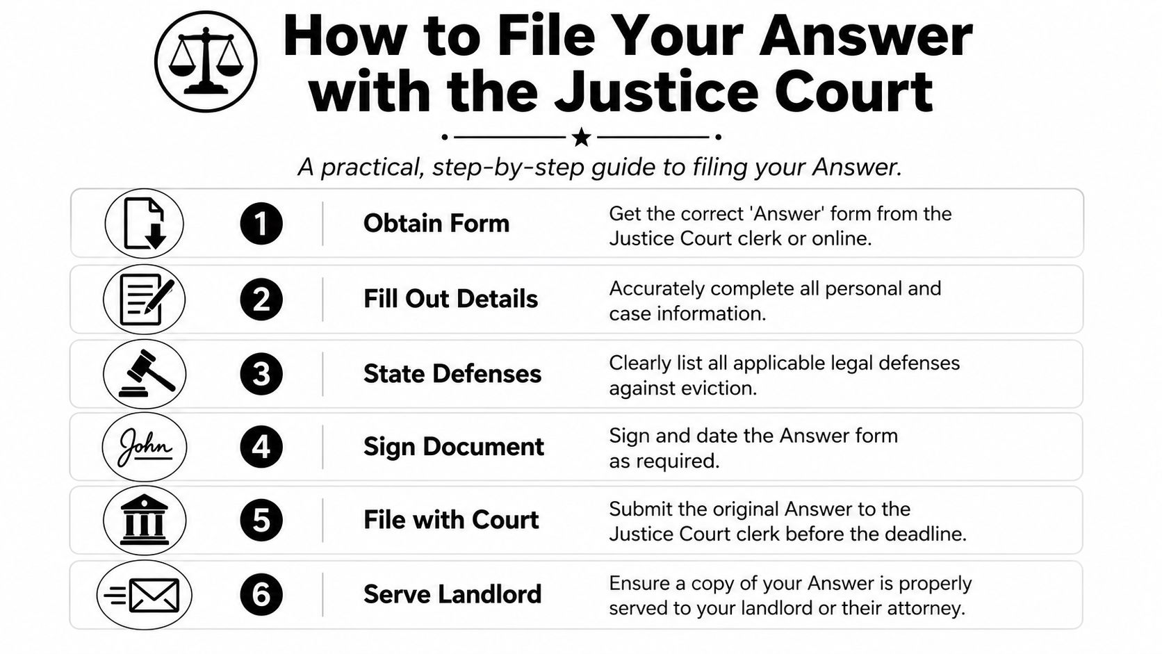 A step-by-step infographic titled How to File Your Answer with the Justice Court, illustrating legal procedures.