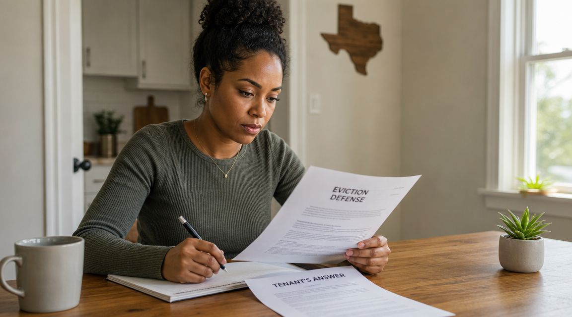 A woman reviewing legal documents regarding eviction defense and a tenant's answer at a wooden table.