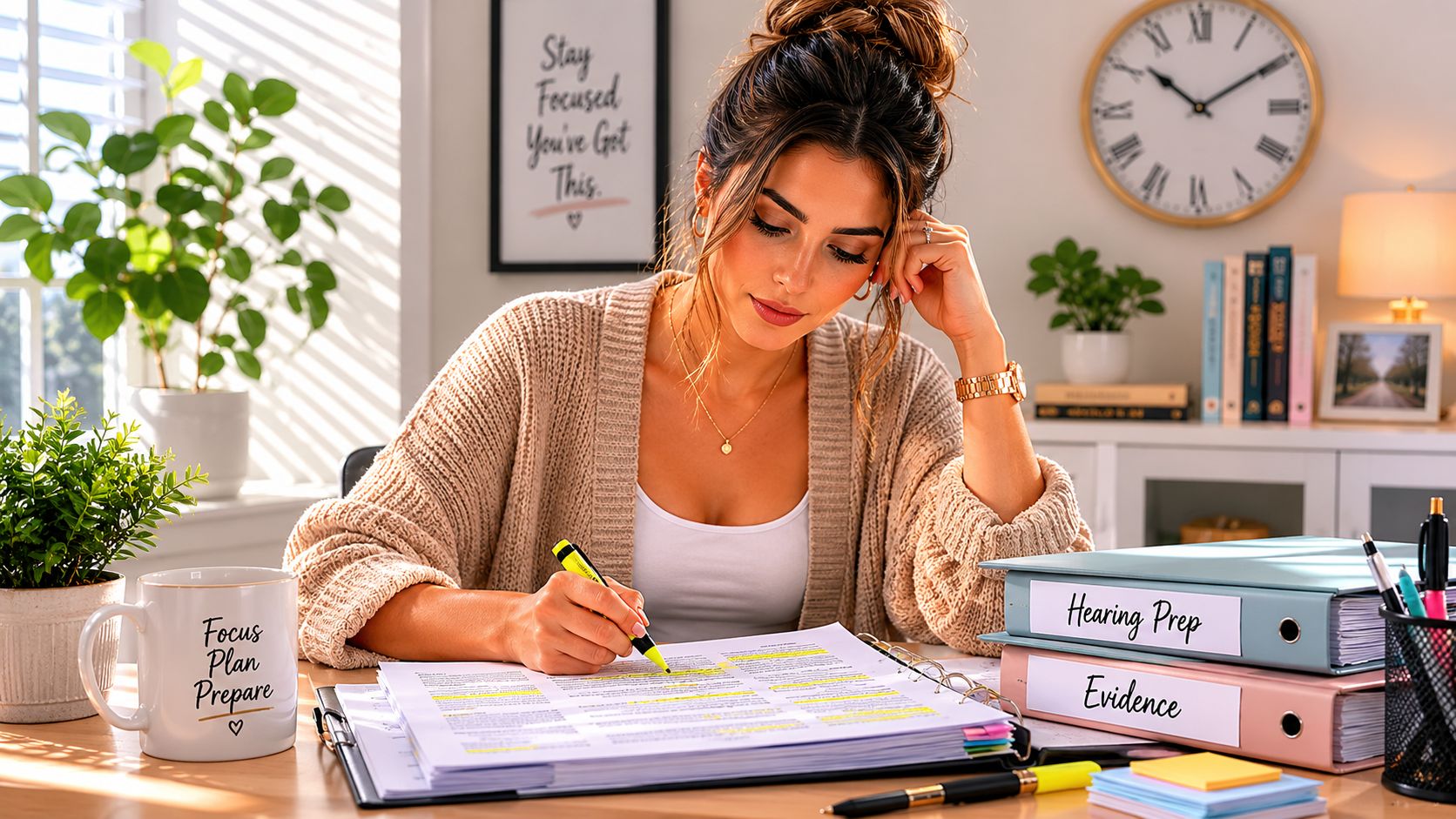 A woman studiously highlighting legal documents with binders labeled Hearing Prep and Evidence on her desk.