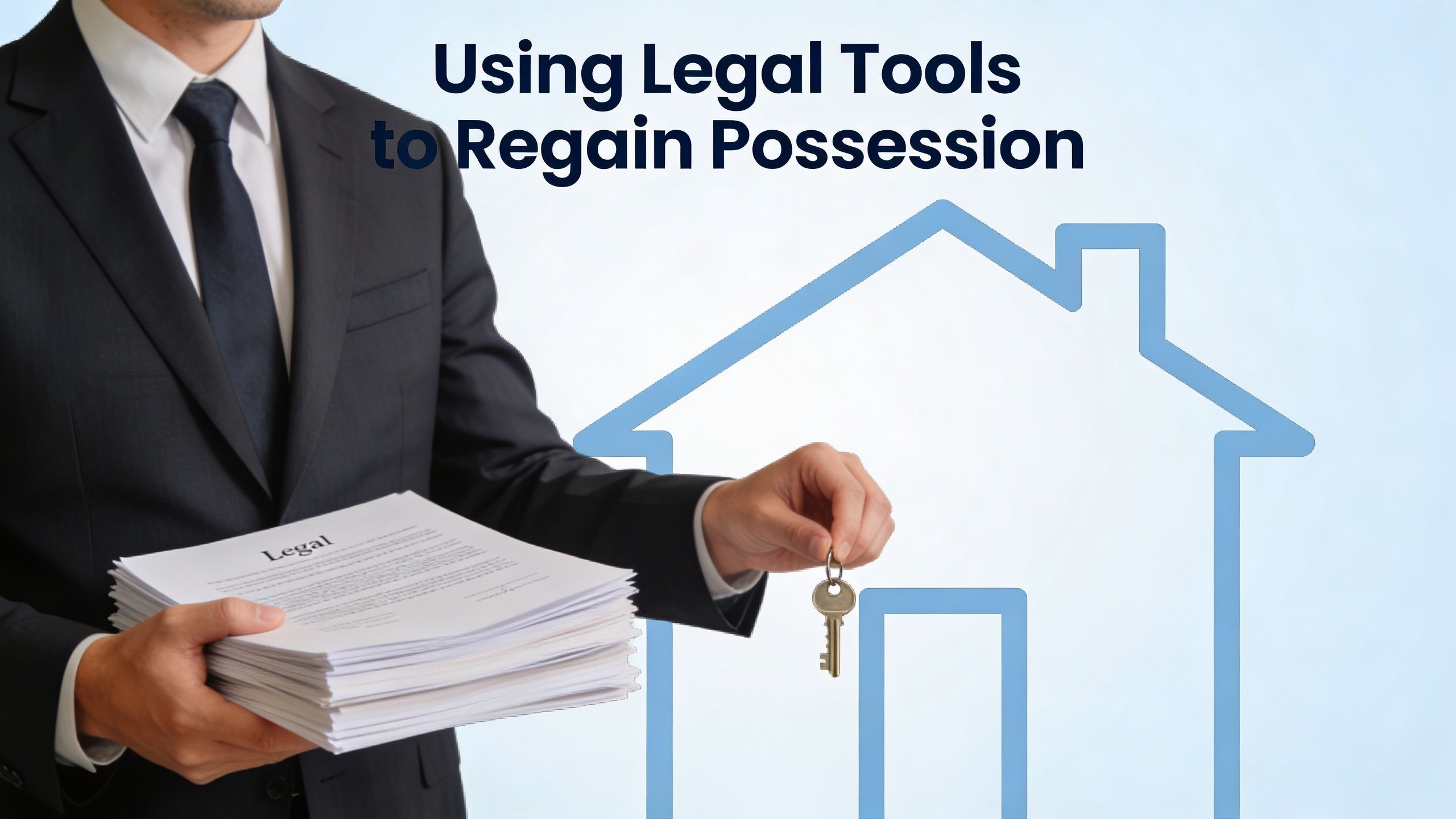 A professional in a suit holds a stack of legal documents and a house key for eviction.