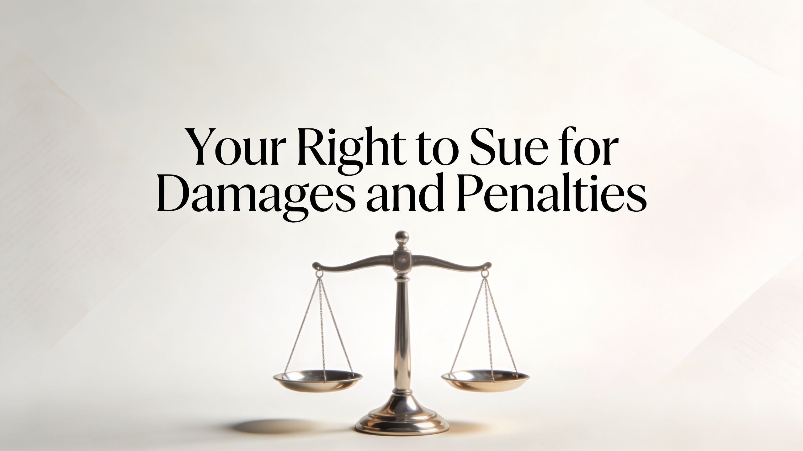 A silver scale of justice centered below the bold text Your Right to Sue for Damages and Penalties.