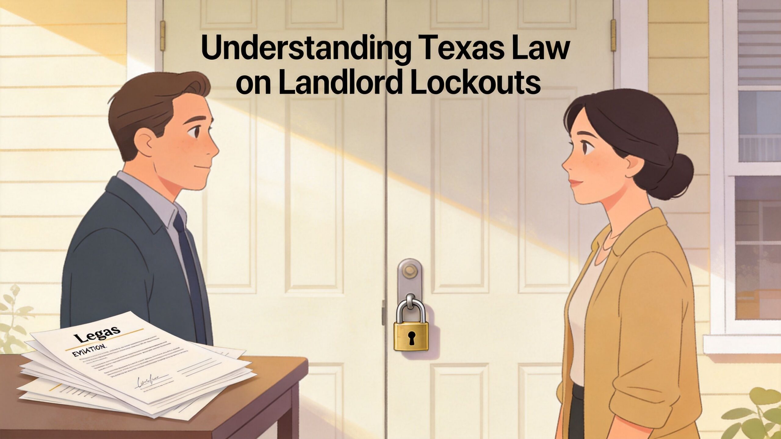 A man and woman discussing Texas landlord lockout laws in front of a locked apartment front door.