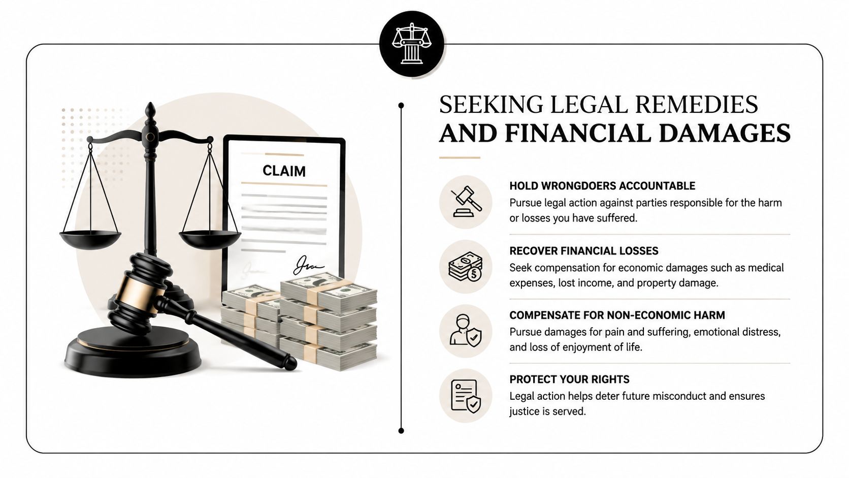A legal infographic illustrating the process of seeking compensation for damages, accountability, and protecting individual rights.