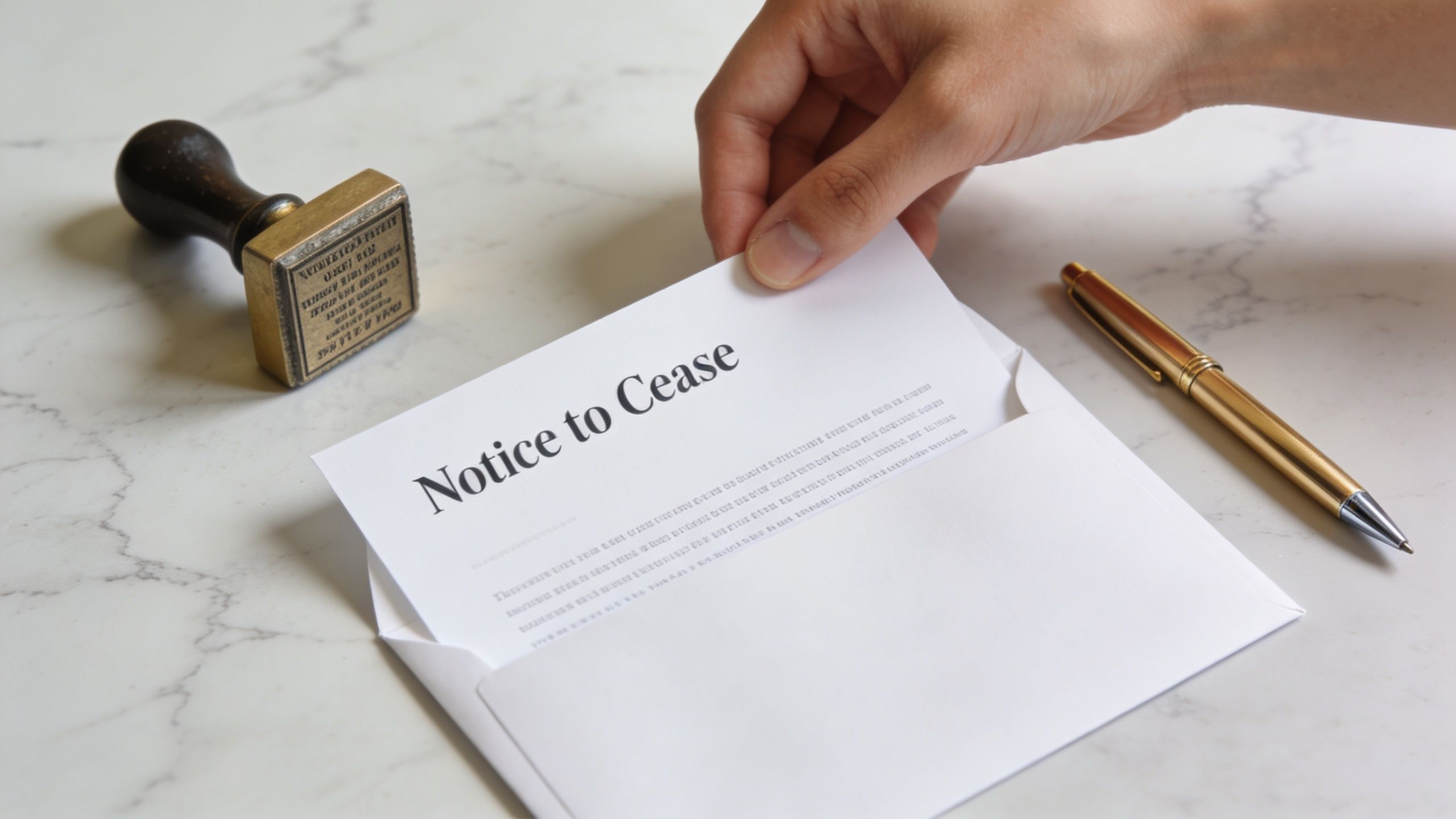 A hand holding a legal Notice to Cease letter with a stamp and pen on a table.