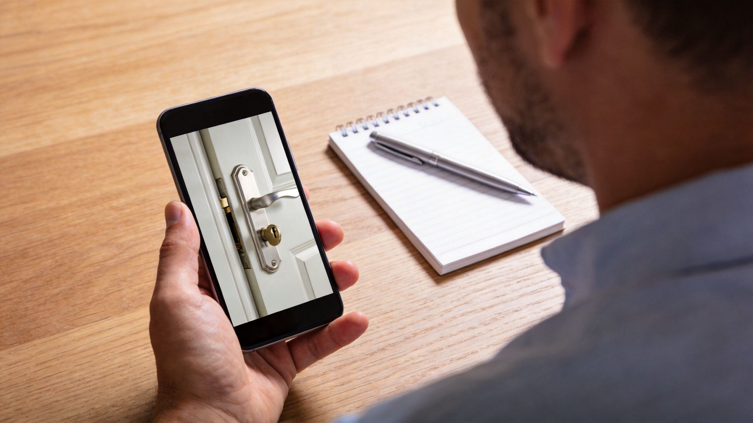 A person holding a smartphone showing an image of a locked door, sitting at a wooden desk.