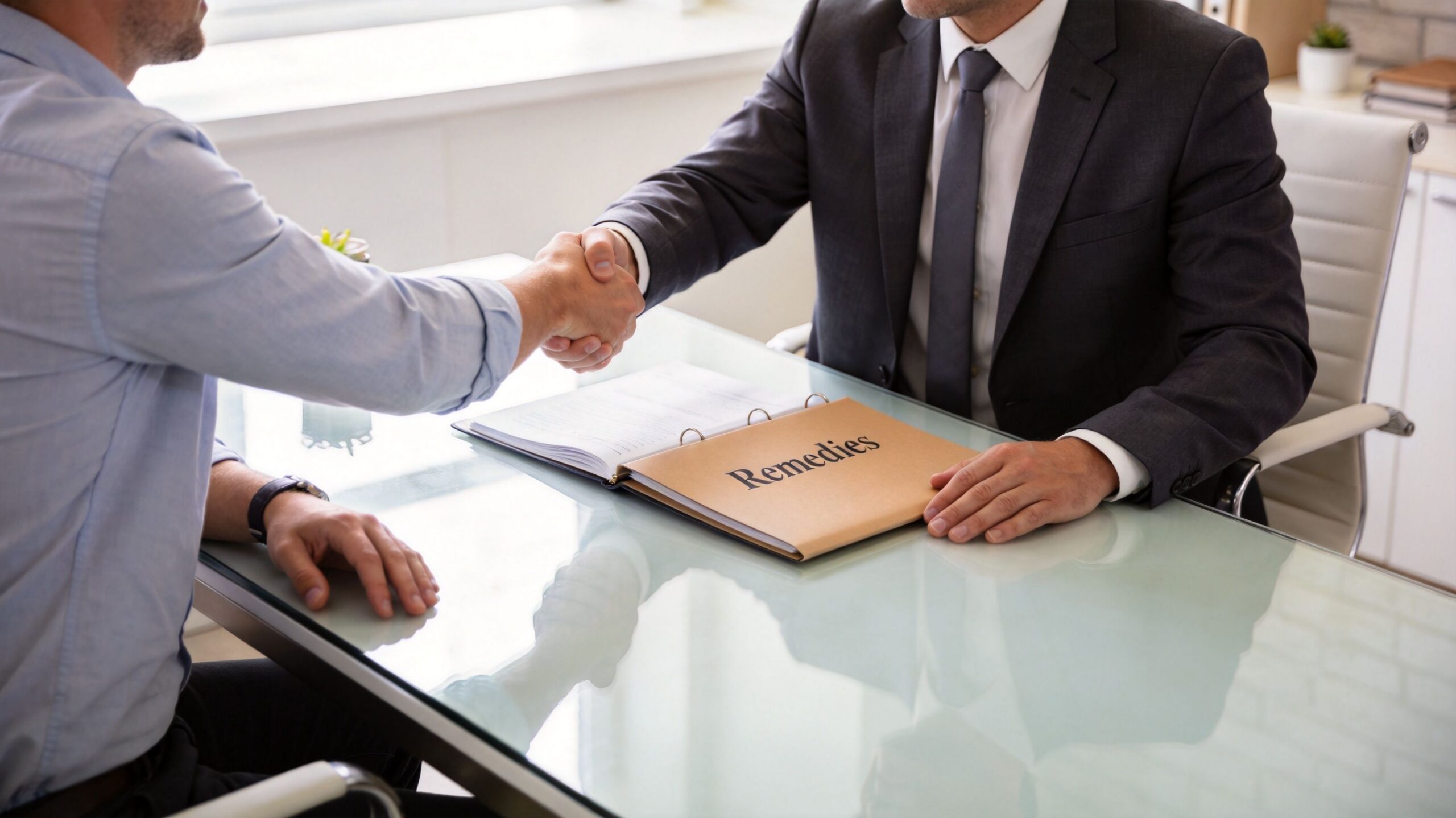 A professional man in a suit shaking hands with a client over a document labeled Remedies.