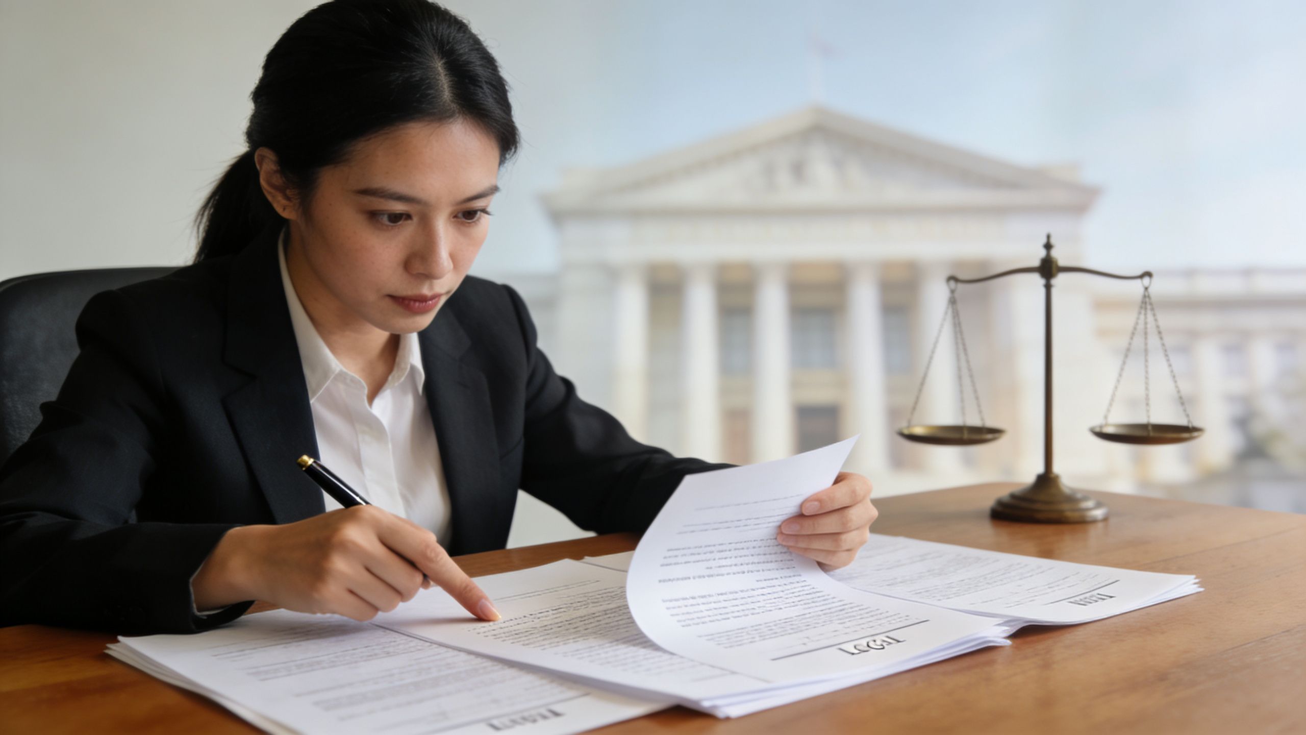 A professional female attorney reviewing legal documents with the scales of justice in the background.
