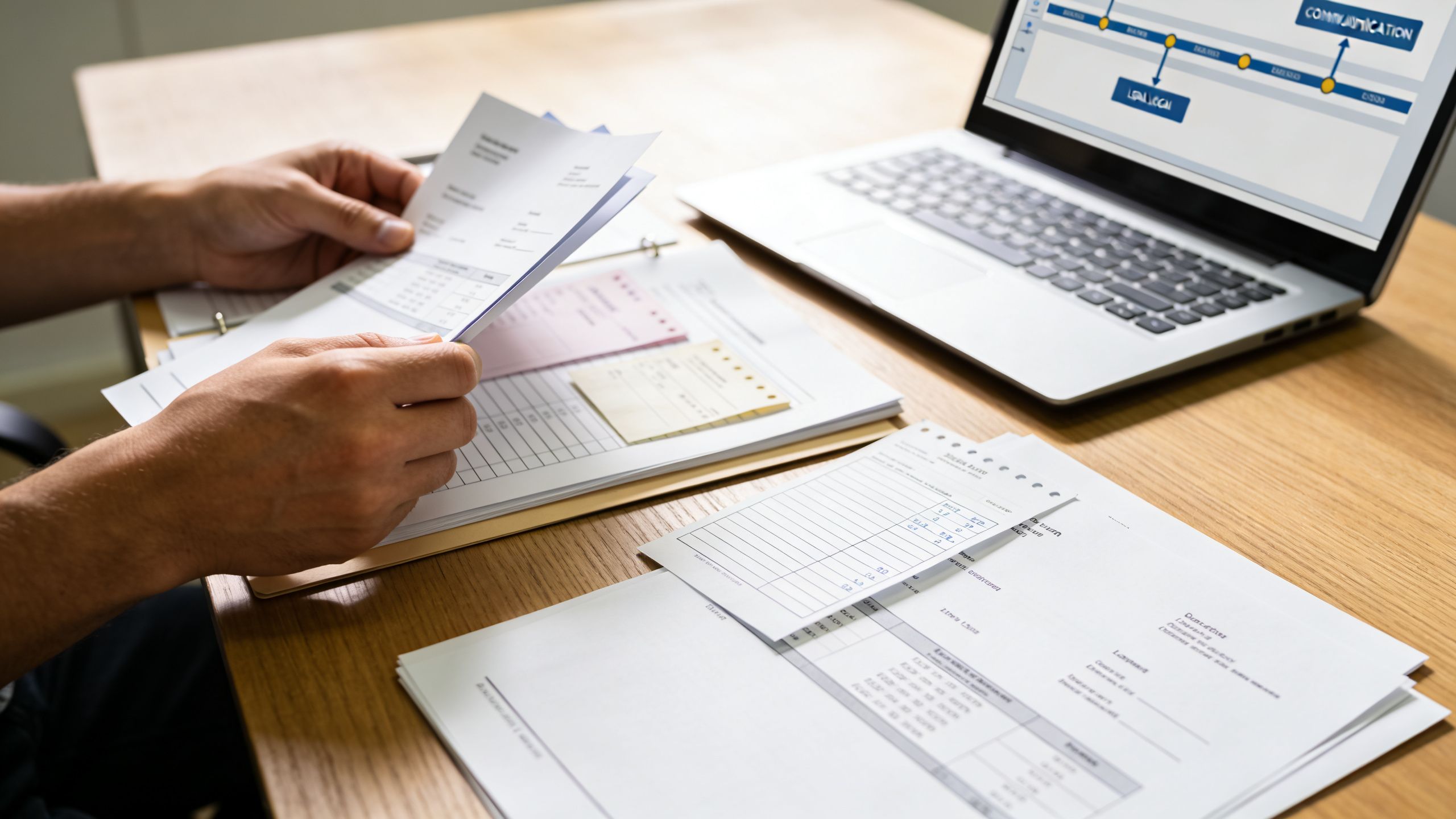 A professional analyzing tenant documentation and legal paperwork at a desk with a laptop displaying a workflow chart.