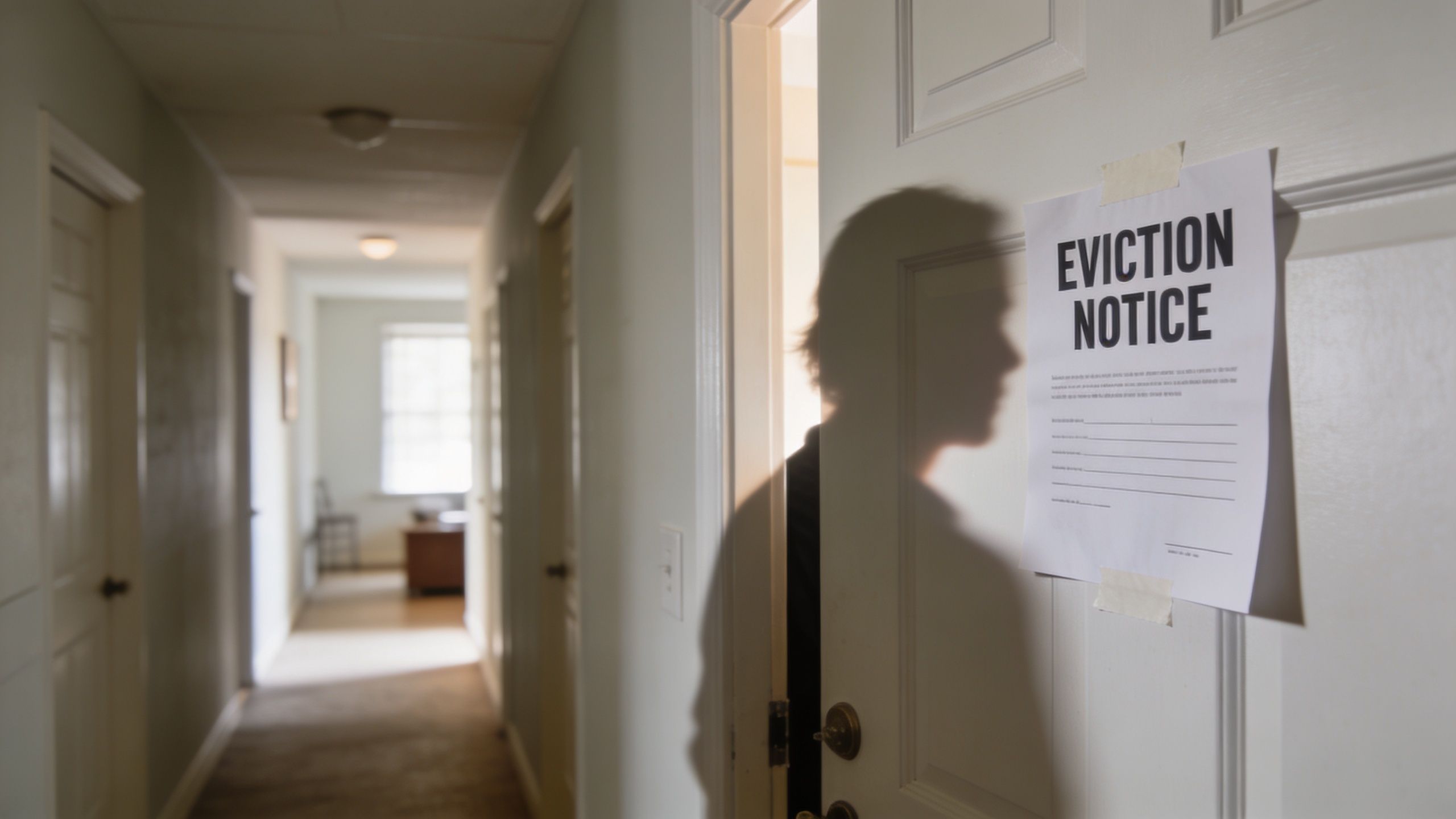A silhouette of a person standing behind a door displaying an eviction notice for late rent payment.