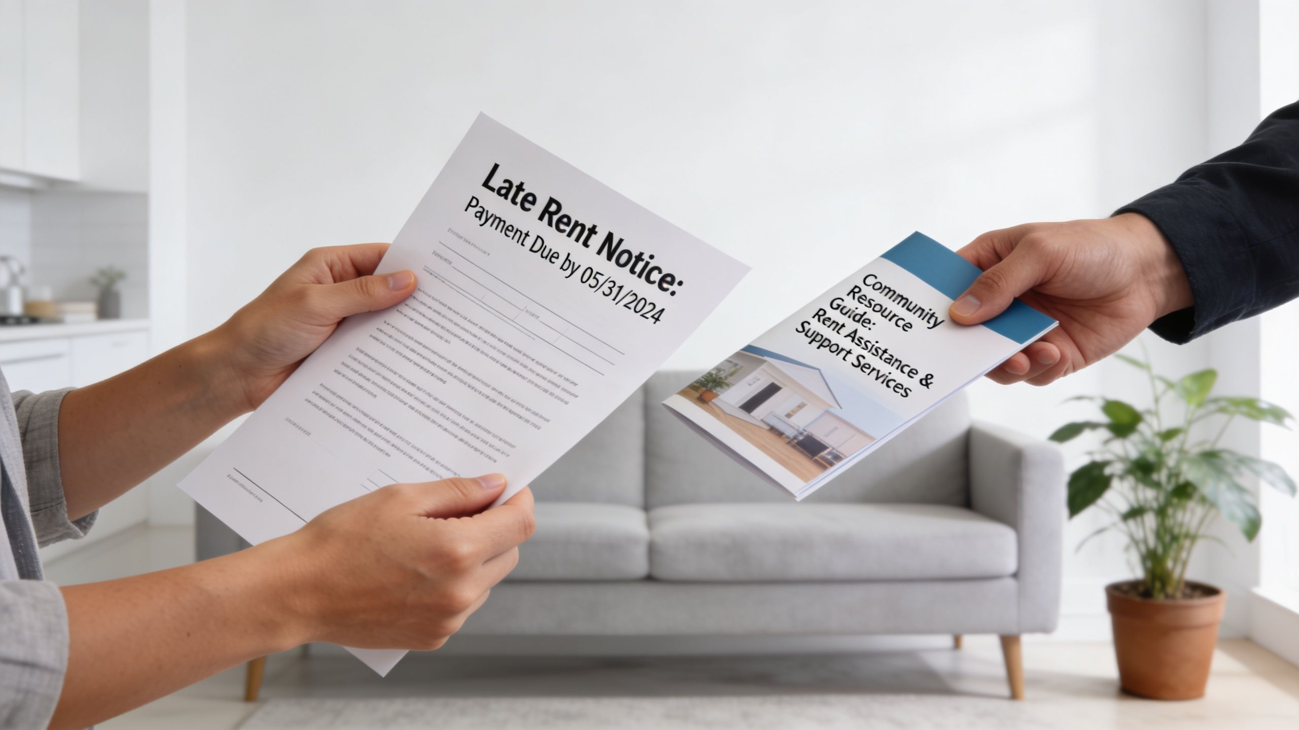 A person receiving a late rent notice document and a community resource guide from another individual.