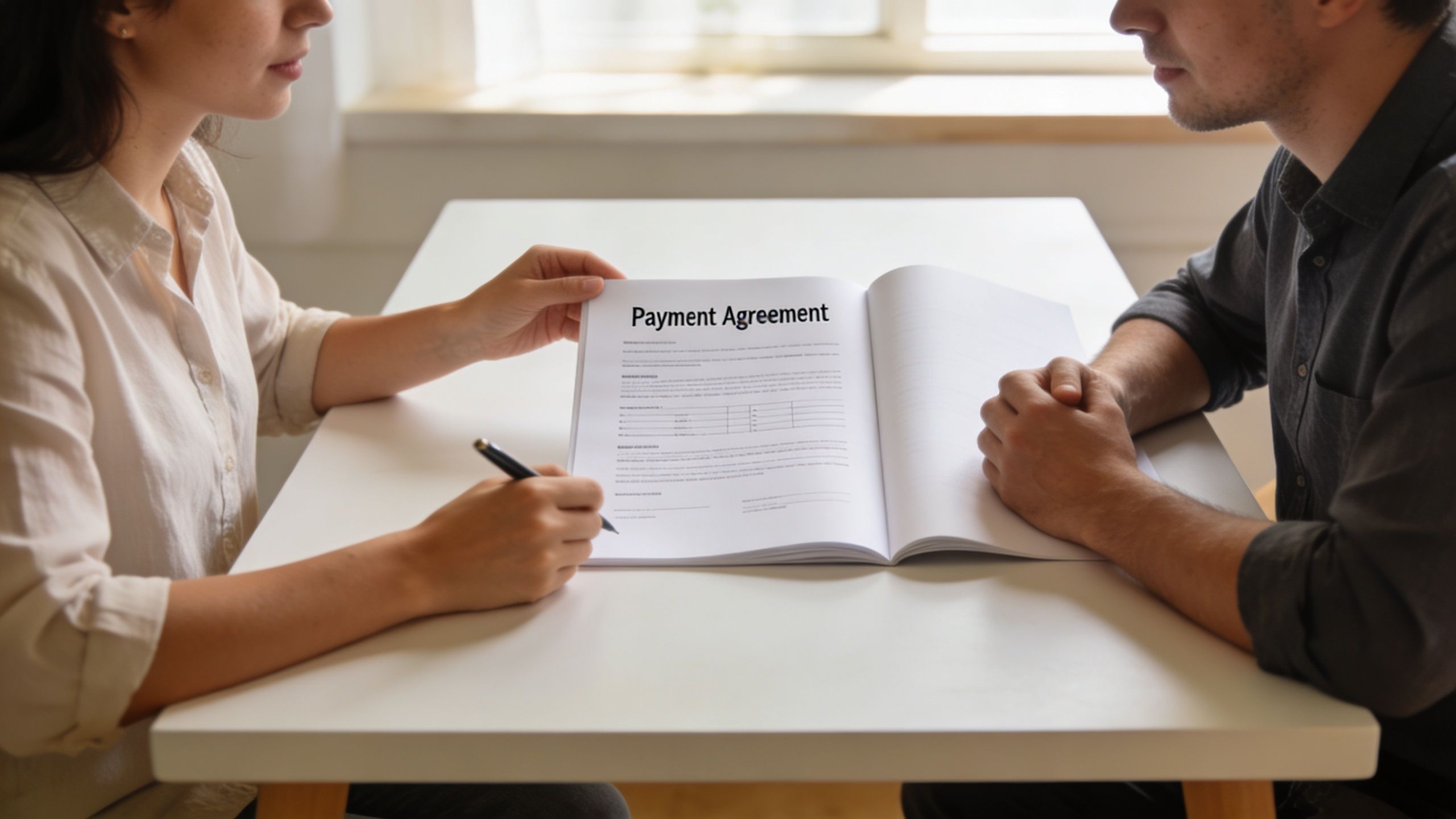 A woman and a man sitting at a white desk reviewing a document titled Payment Agreement.