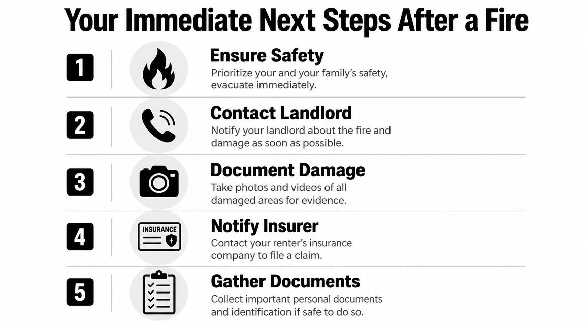 A numbered infographic detailing five immediate steps a tenant should take following an apartment fire.