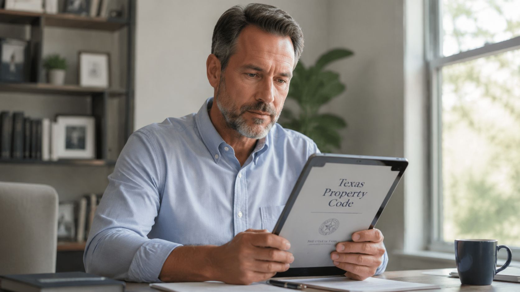 A mature man in a blue shirt reviewing Texas Property Code laws on a tablet at a desk.
