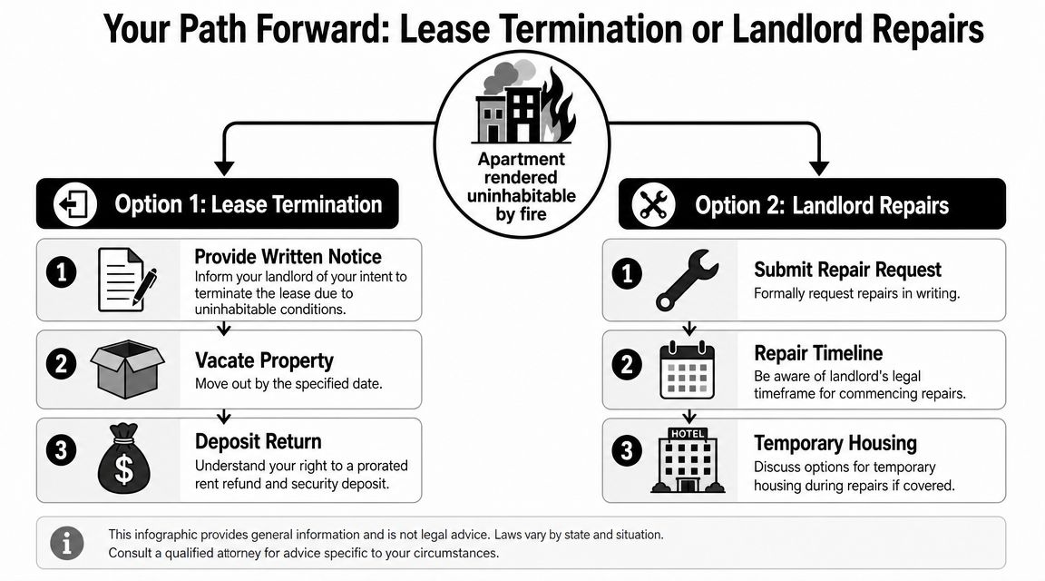 An infographic showing two paths for tenants after an apartment fire: lease termination or landlord repairs.