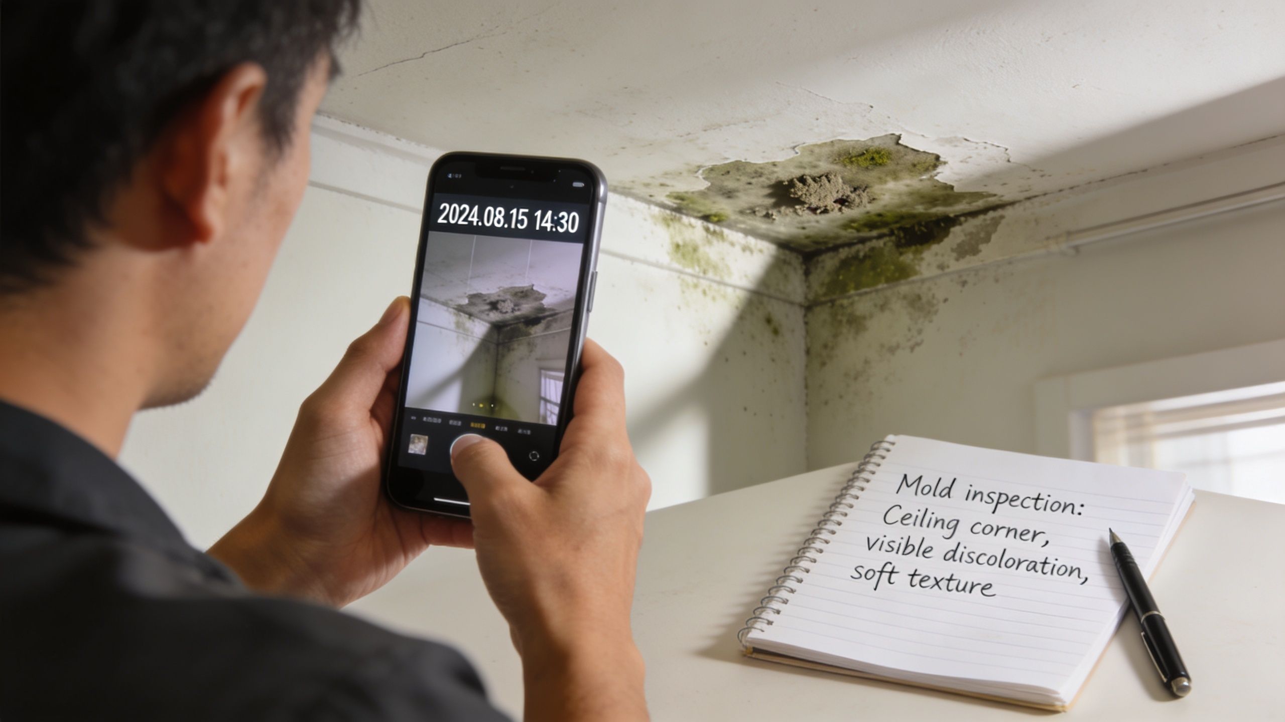A person taking a photo of mold growth on a bedroom ceiling during a home inspection.