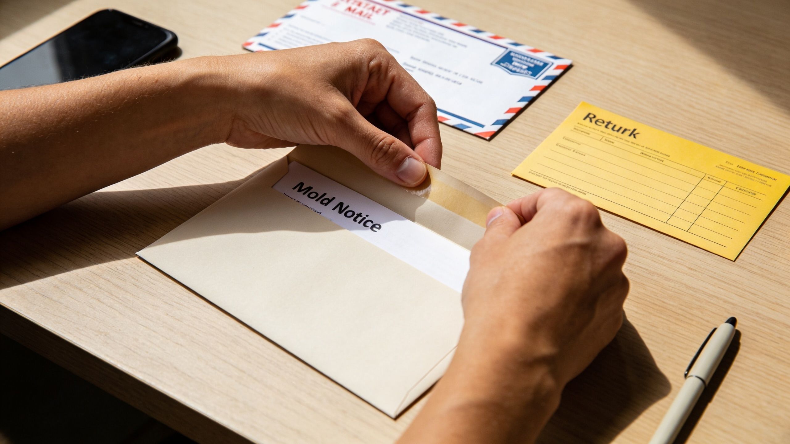 A person preparing to mail a Mold Notice letter from an envelope while sitting at a desk.
