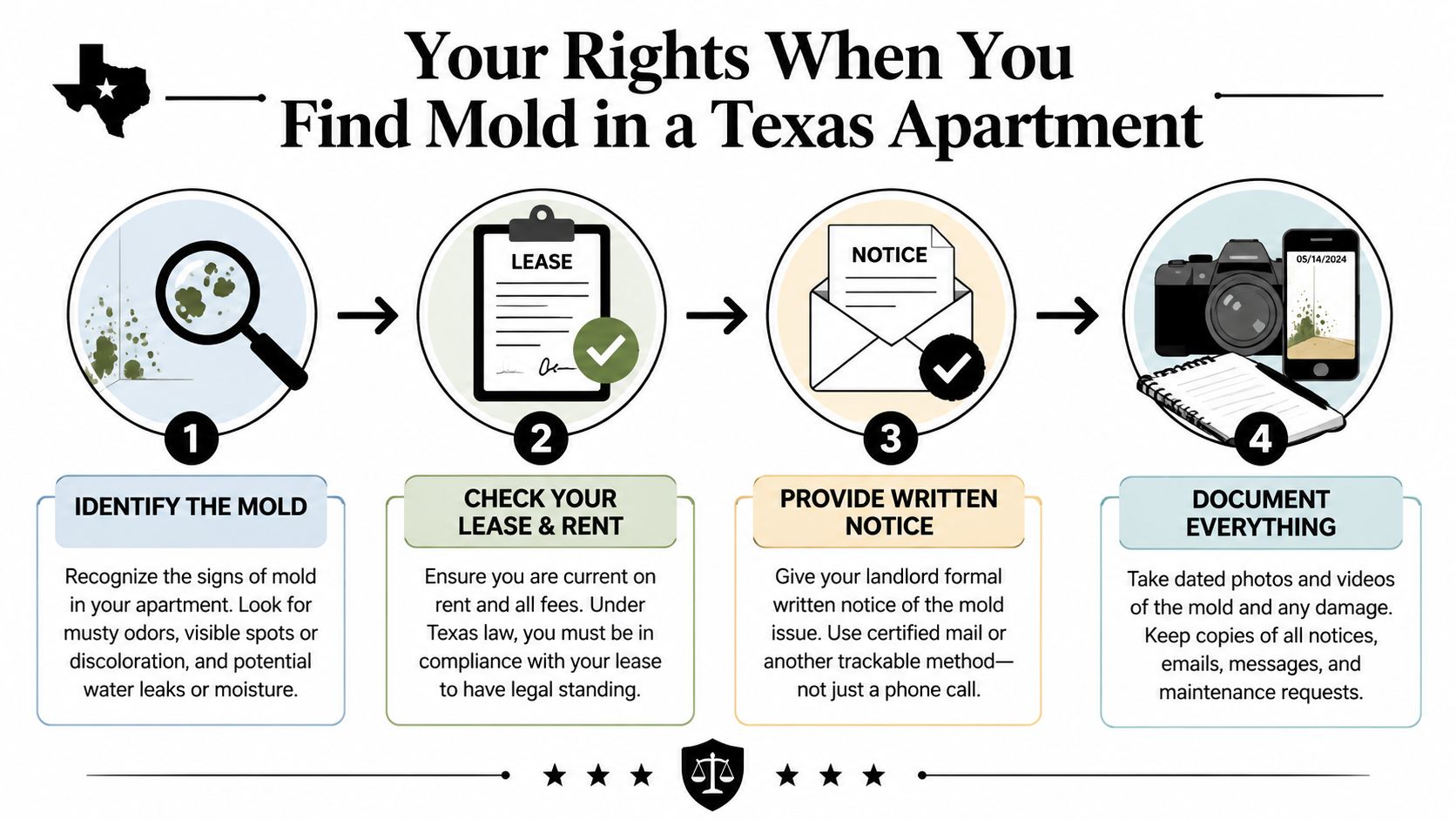 An infographic showing four steps for tenants in Texas to take when discovering mold in apartments.