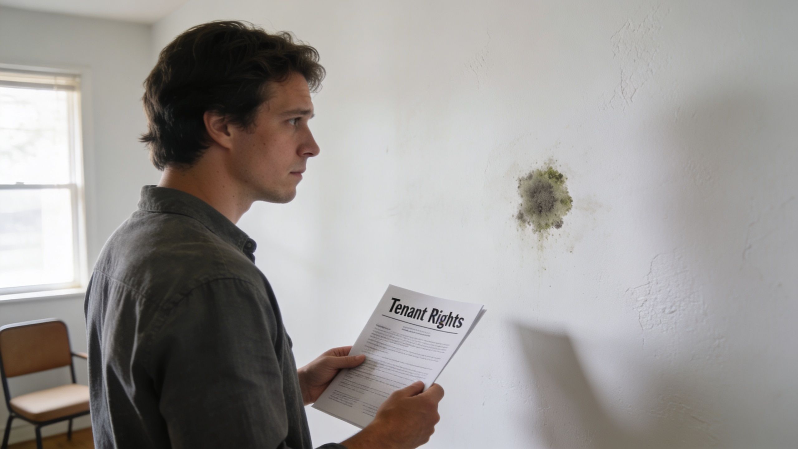 A concerned young man holding a document about tenant rights while looking at mold on a wall.