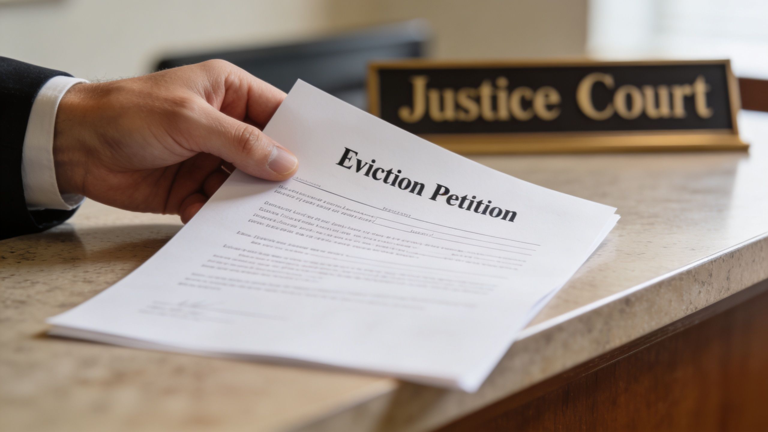 A person holding an eviction petition document in a courtroom near a Justice Court sign.