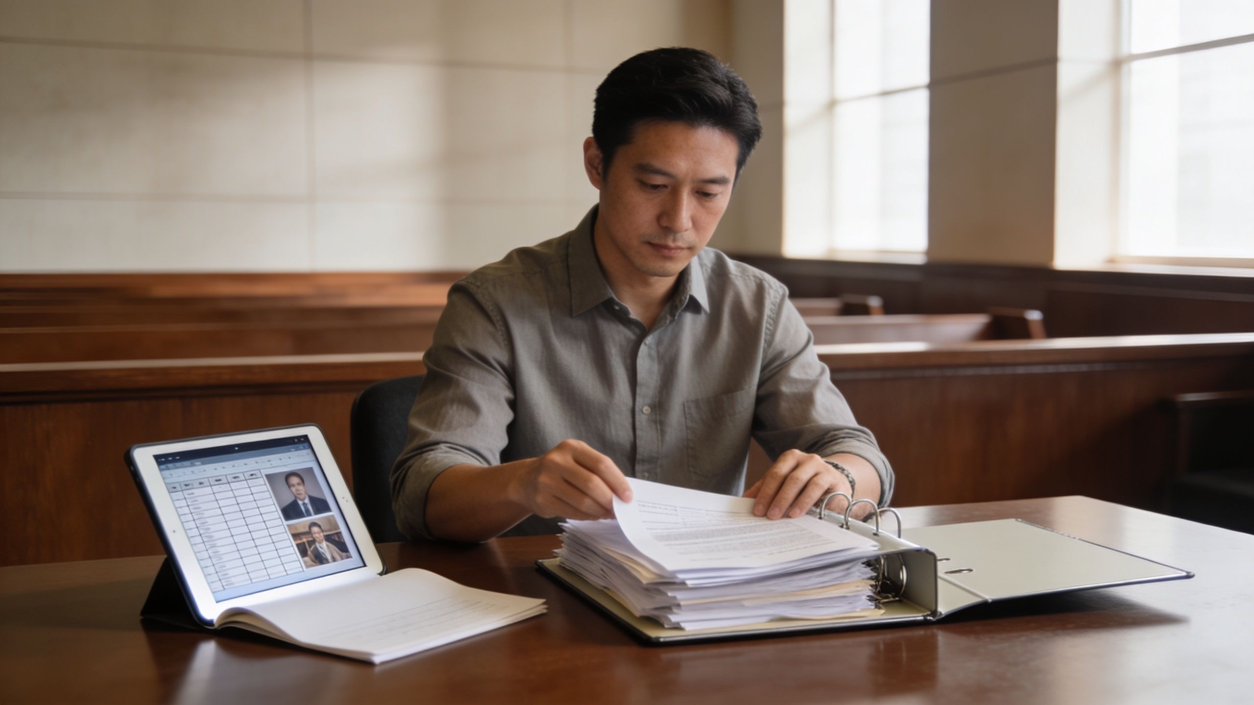 A professional man reviewing legal documents in a courtroom while looking at a tablet.
