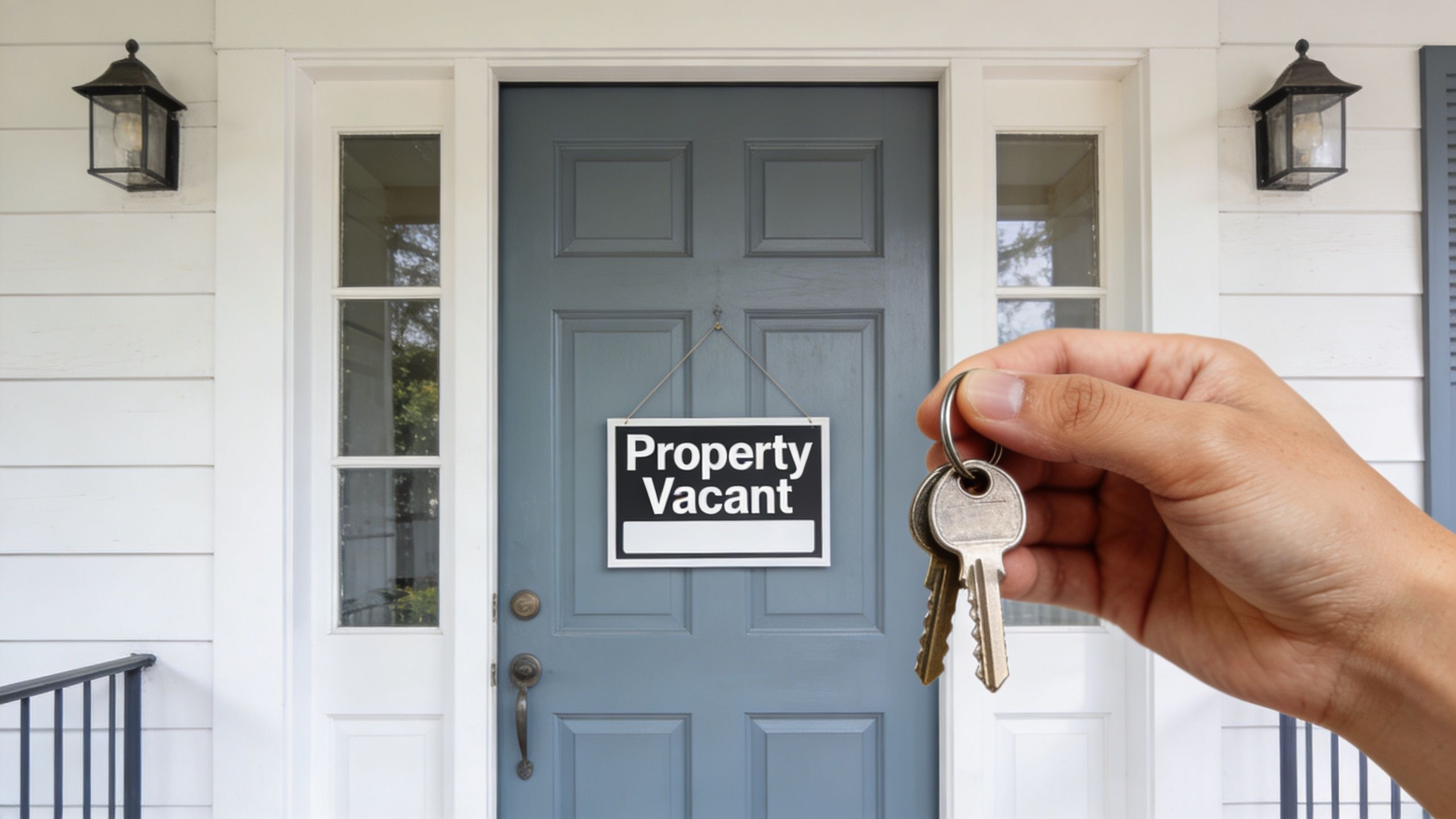 A hand holding keys in front of a blue front door with a Property Vacant sign hanging.