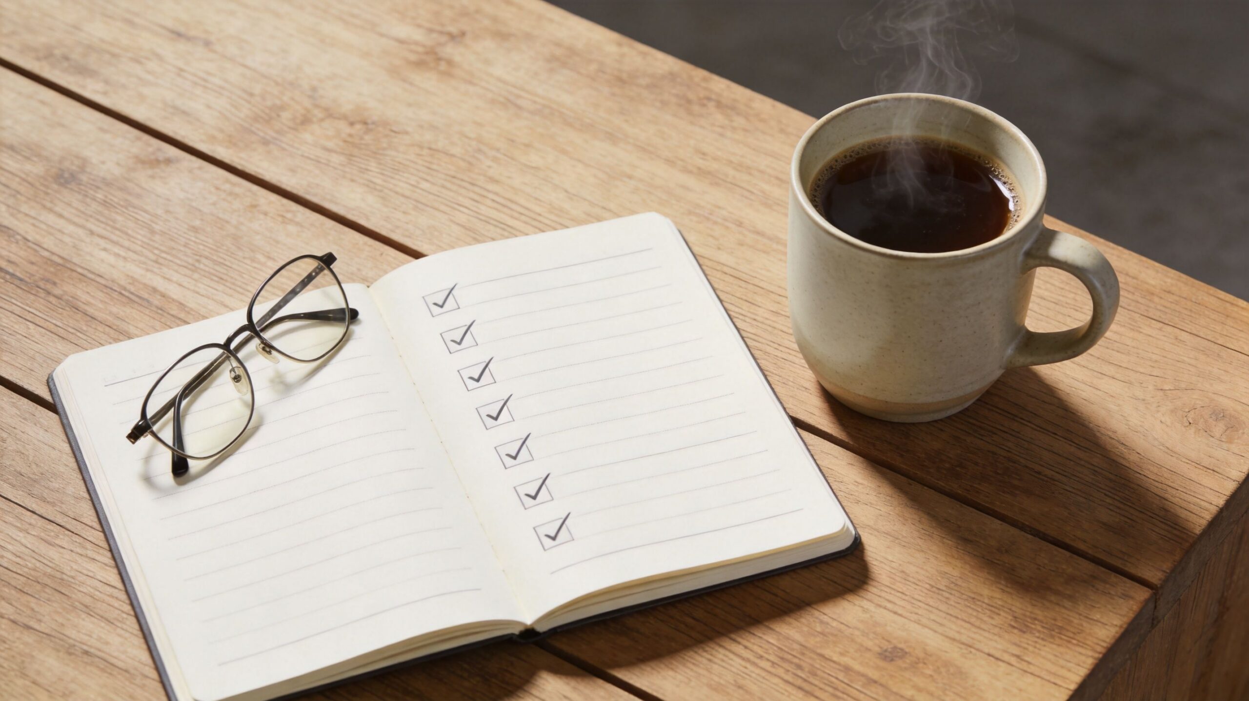 A cup of coffee, reading glasses, and an open notebook with a checklist on a wooden table.
