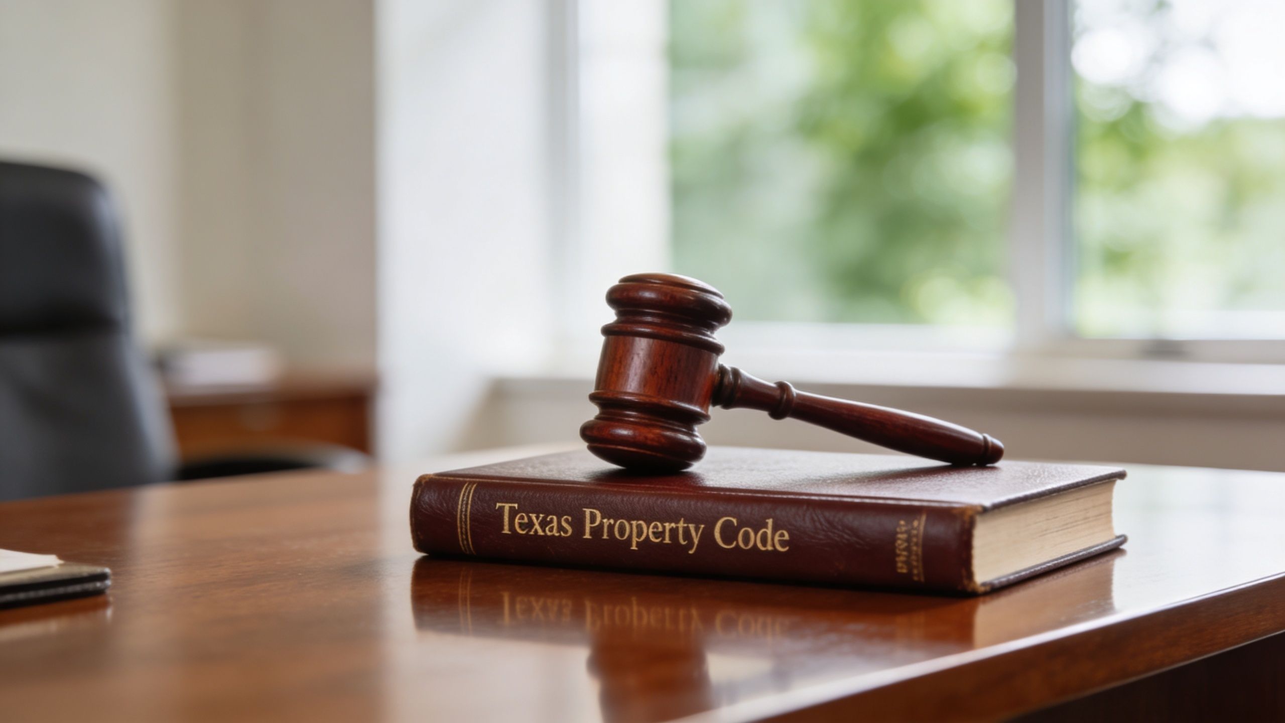 A wooden judge's gavel resting on top of a Texas Property Code law book on a desk.