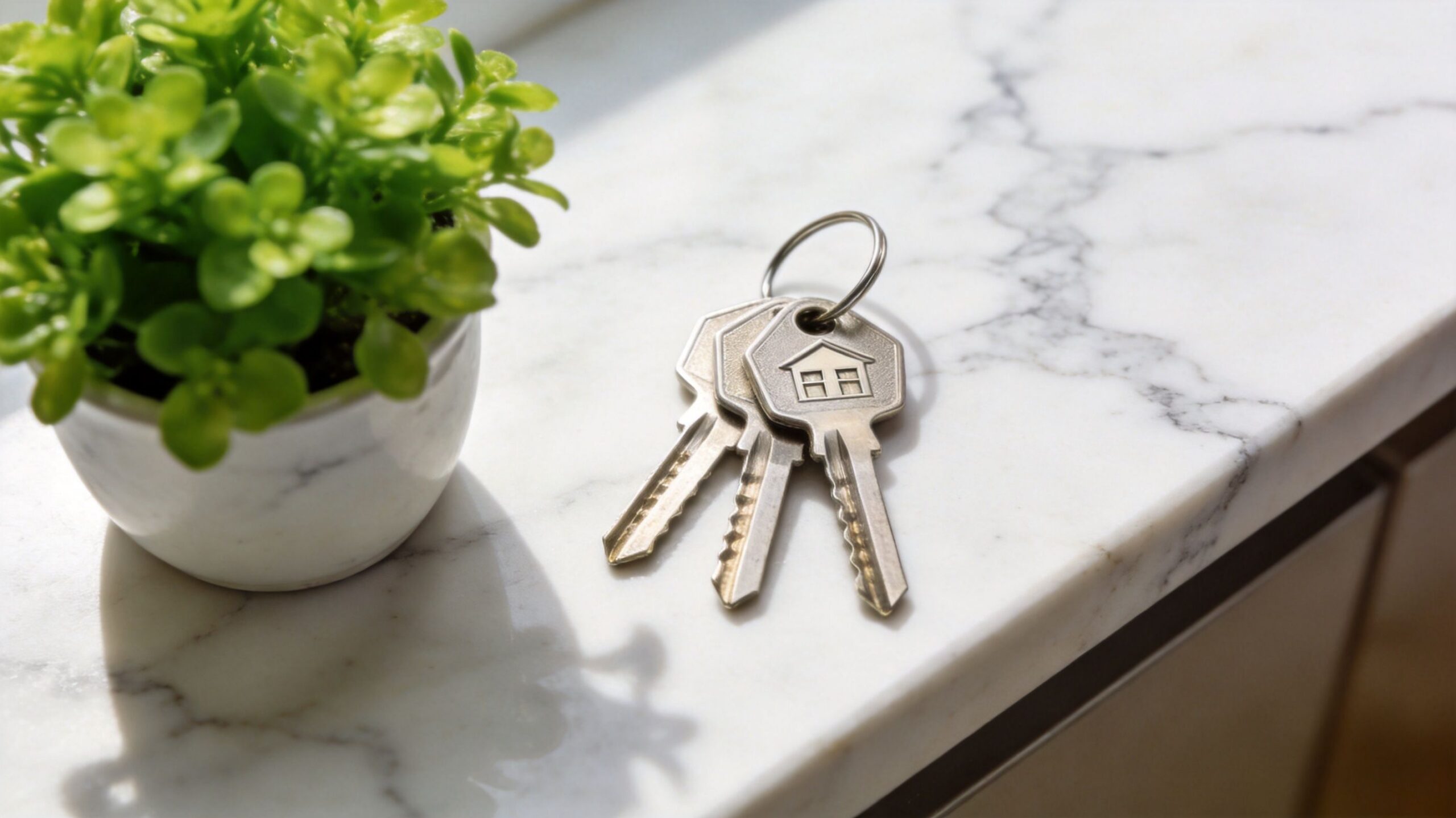 A set of house keys with a home emblem resting on a white marble countertop next to a plant.