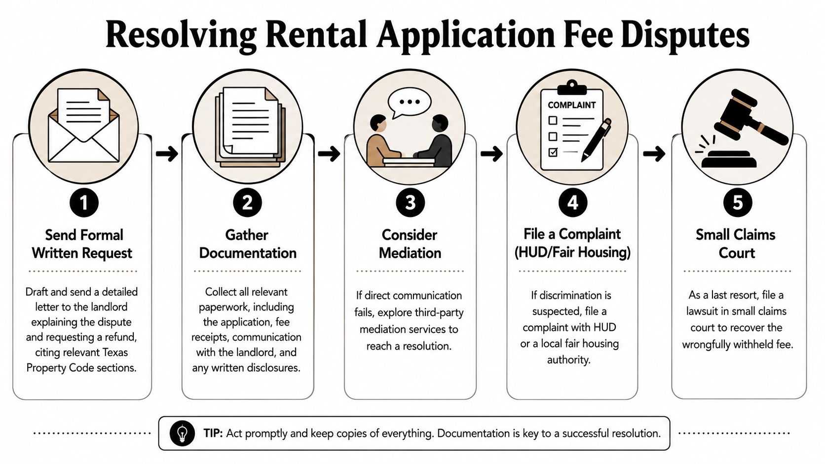 A five-step guide for resolving rental application fee disputes in Texas, from formal request to court.