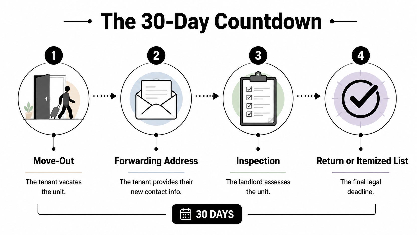An infographic detailing the four-step 30-day process for tenant move-out and security deposit returns.